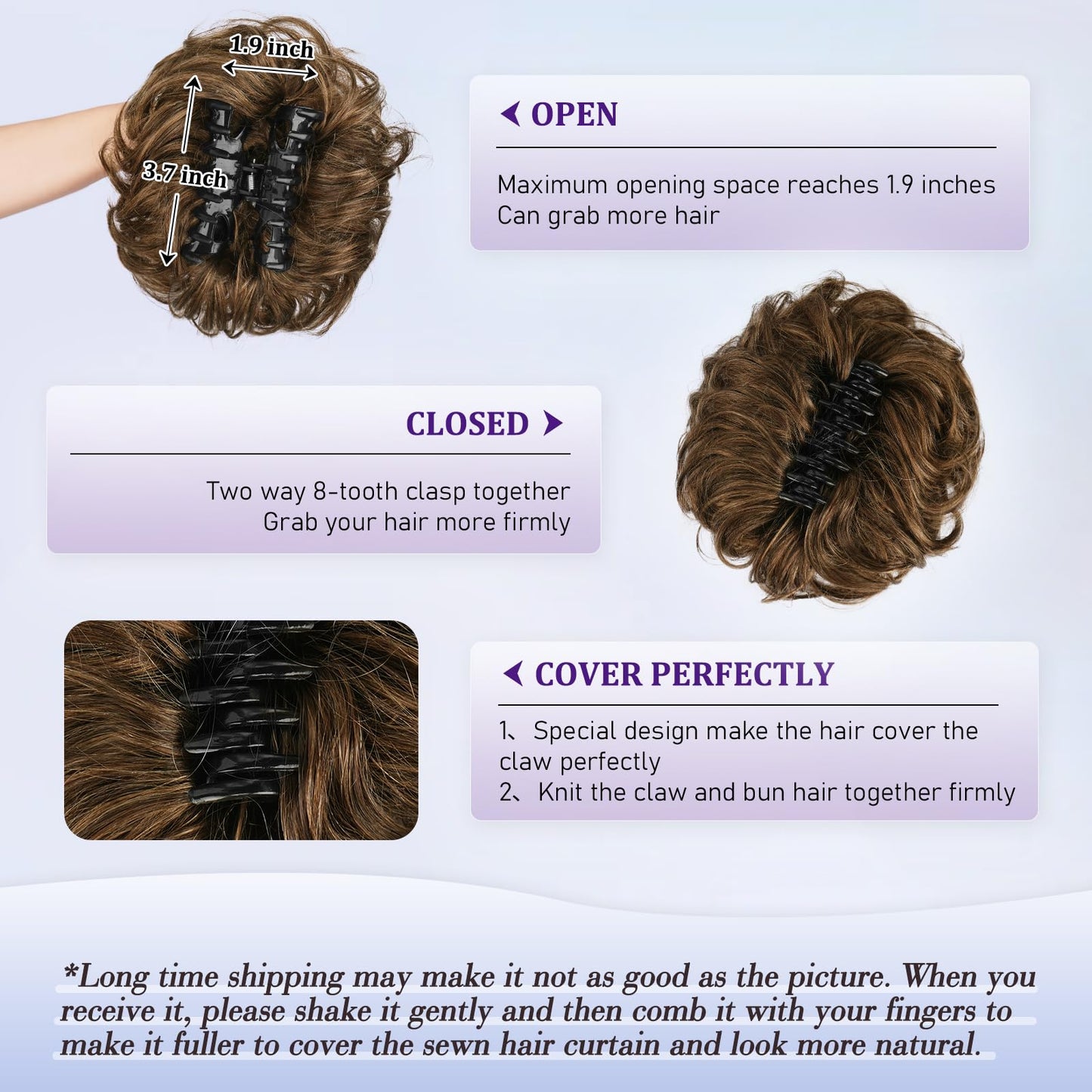 RUWISS Claw Clip Messy Bun Hair Piece Large Real Human Hair Bun Wavy Curly Chignon Hair Bun Extensions Tousled Updo Hair Pieces for Women Claw Clip Ponytail Hair Scrunchies for Women, Brown Mixed