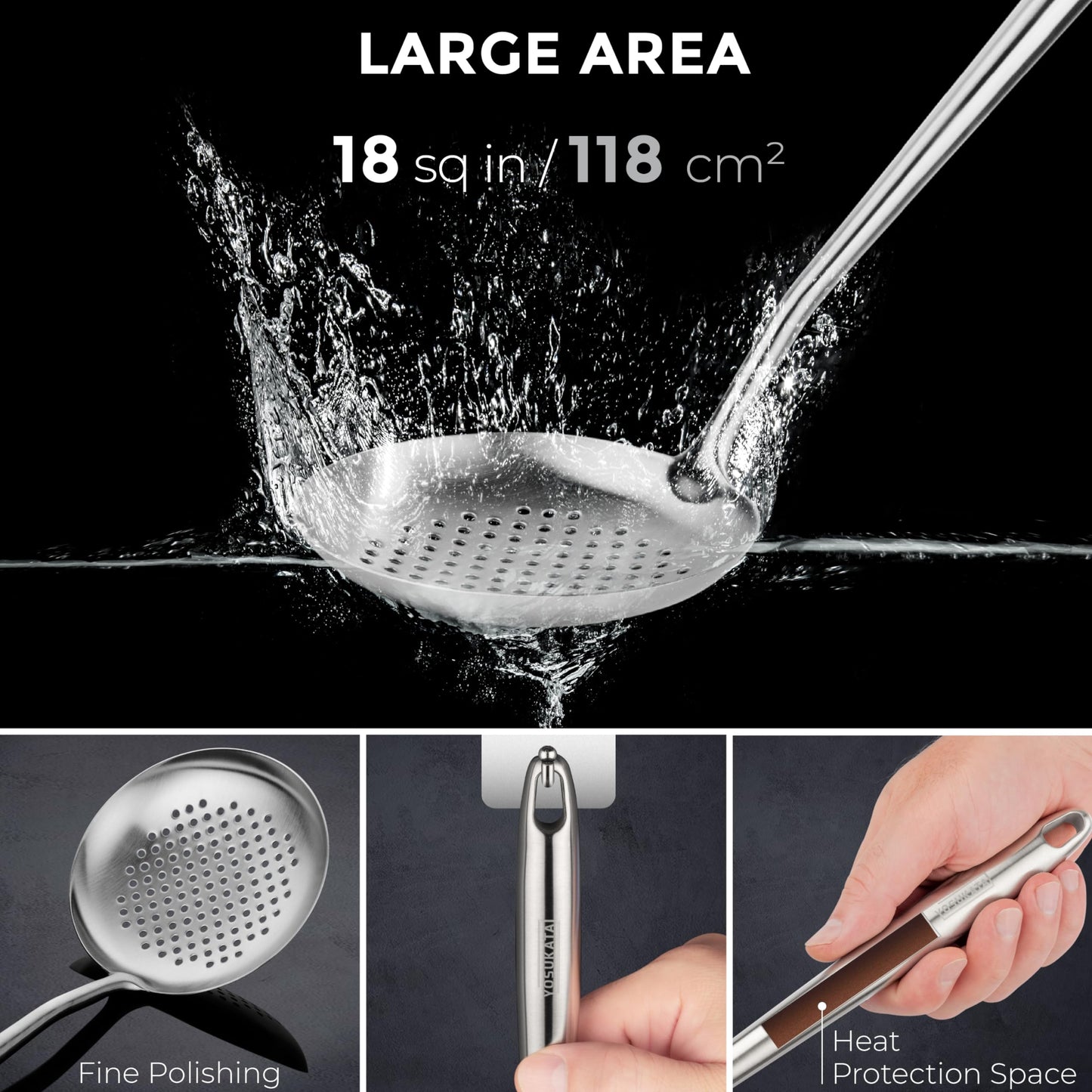 Yosukata 43 cm Wok Spatula and Ladle Skimmer Spoon - Stainless Steel Cooking Utensils Set of 3-304 Stainless Steel Kitchen Utensils Set - Dishwasher Safe Wok Accessories - Wok Utensils Cooking Tools…