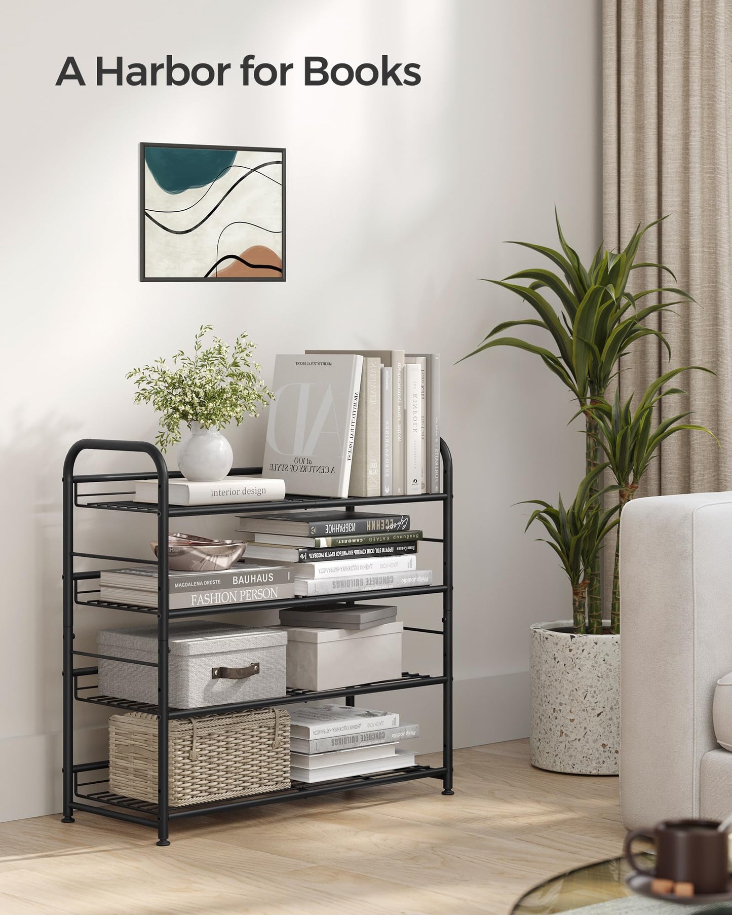 SONGMICS Stackable Shoe Rack, 4-Tier Shoe Storage Organizer, Hold up to 16 Pairs, Black ULMR067B01