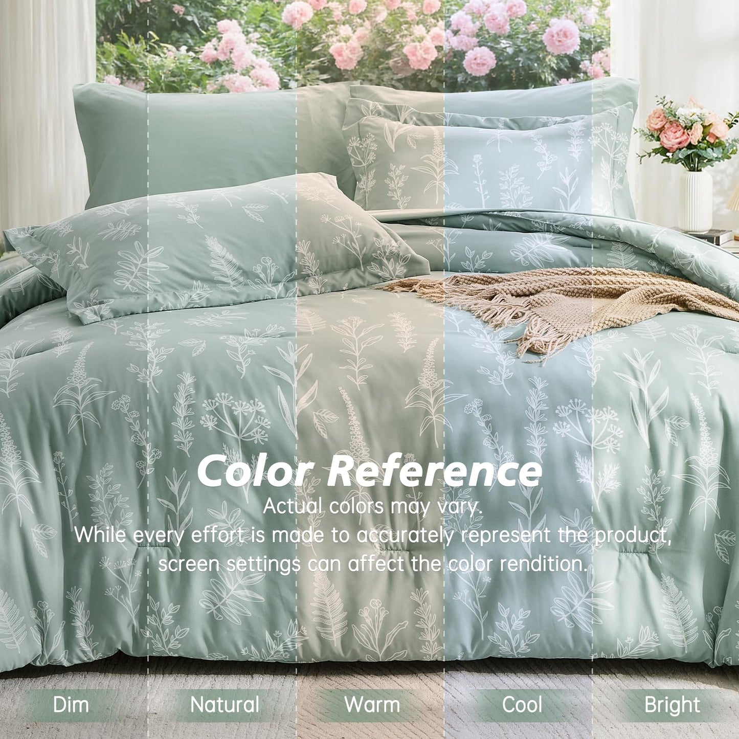 MUXHOMO Bed in a Bag Queen 7 Pieces, Sage Green Queen Comforter Set Reversible Botanical Flowers Design, Ultra Soft & Breathable Bedding Sets with Comforter, Sheets, Pillowcases & Shams