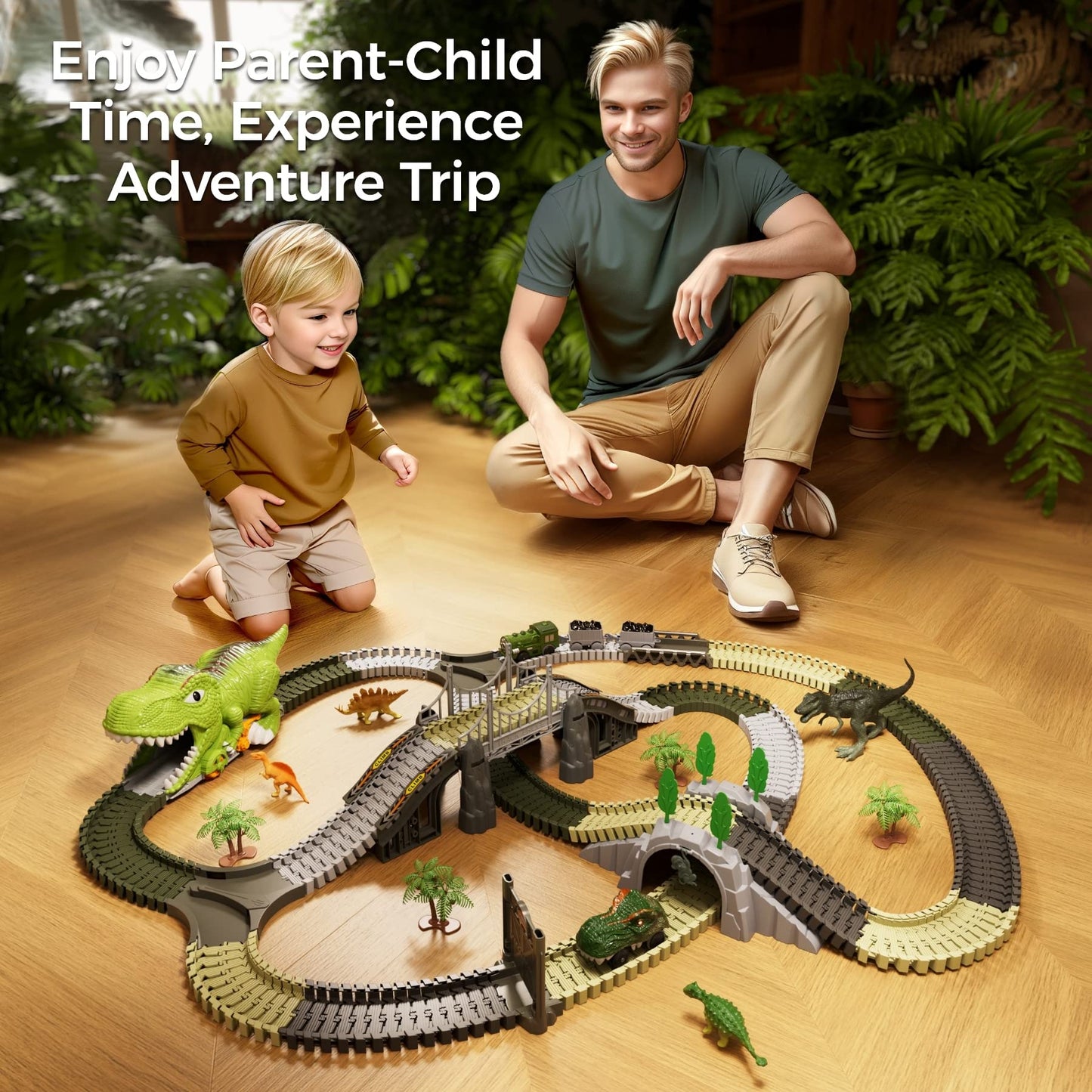 TUMAMA Dinosaur Toys Race Track, 281 Pcs Dinosaur Train Toys for Kids 3-5 5-7, Flexible Train Tracks with 4 Dinosaurs Figures, 2 Electric Race Cars with Light, Create A Dinosaur Road Race for Toddlers