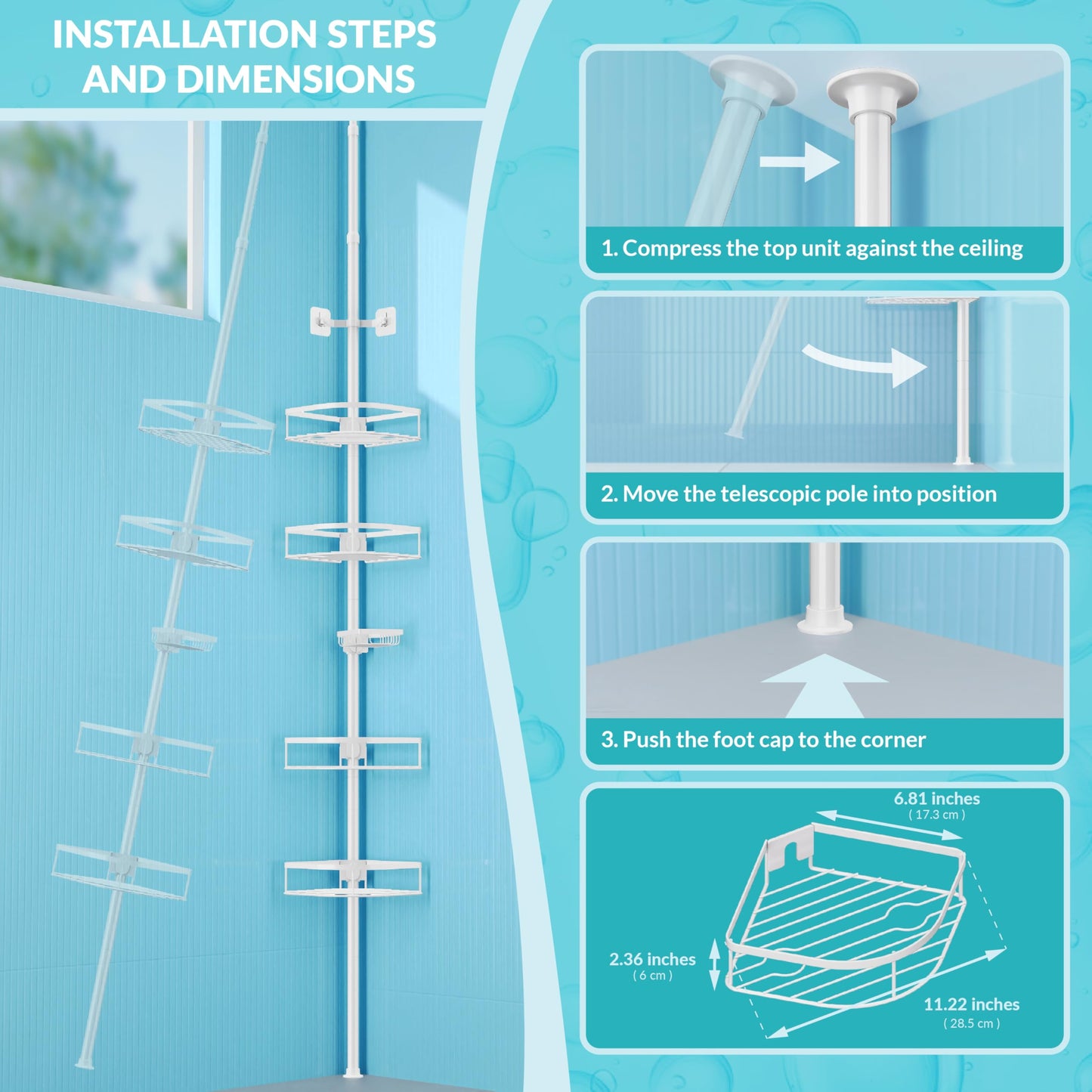 TIMIANO Shower Caddy Tension Pole, 4-Tier Adjustable Corner Shower Standing Caddy, Rustproof Shower Rack for Bathroom Bathtub, with 4 Shelves, No Drilling Shower Shelf for Inside Shower (White)