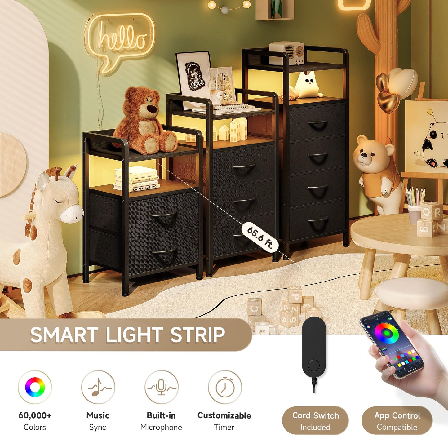 Night Stand Bedside Table Bedroom - Nightstand with Charging Station & LED Light Strip, Bed Side Table with Storage Shelf for Bedroom, End Table with U-S-B Ports & AC Outlets (Black, 2 Fabric Drawers)