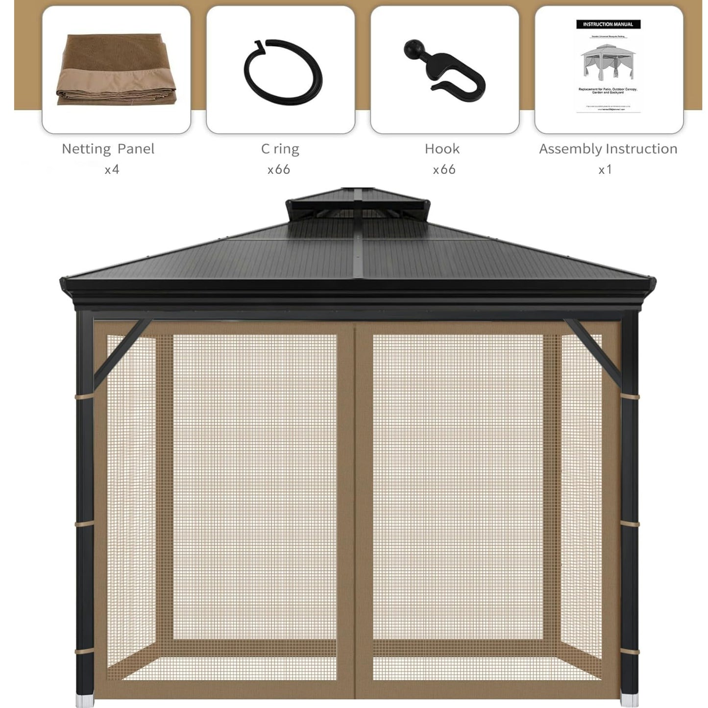 OIPUNSHLE Gazebo Universal Replacement Mosquito Netting, 10'x12' Gazebo Netting Outdoor, 4-Panel Screen Walls for Outdoor Patio with Zipper (Mosquito Net Only) (Brown)