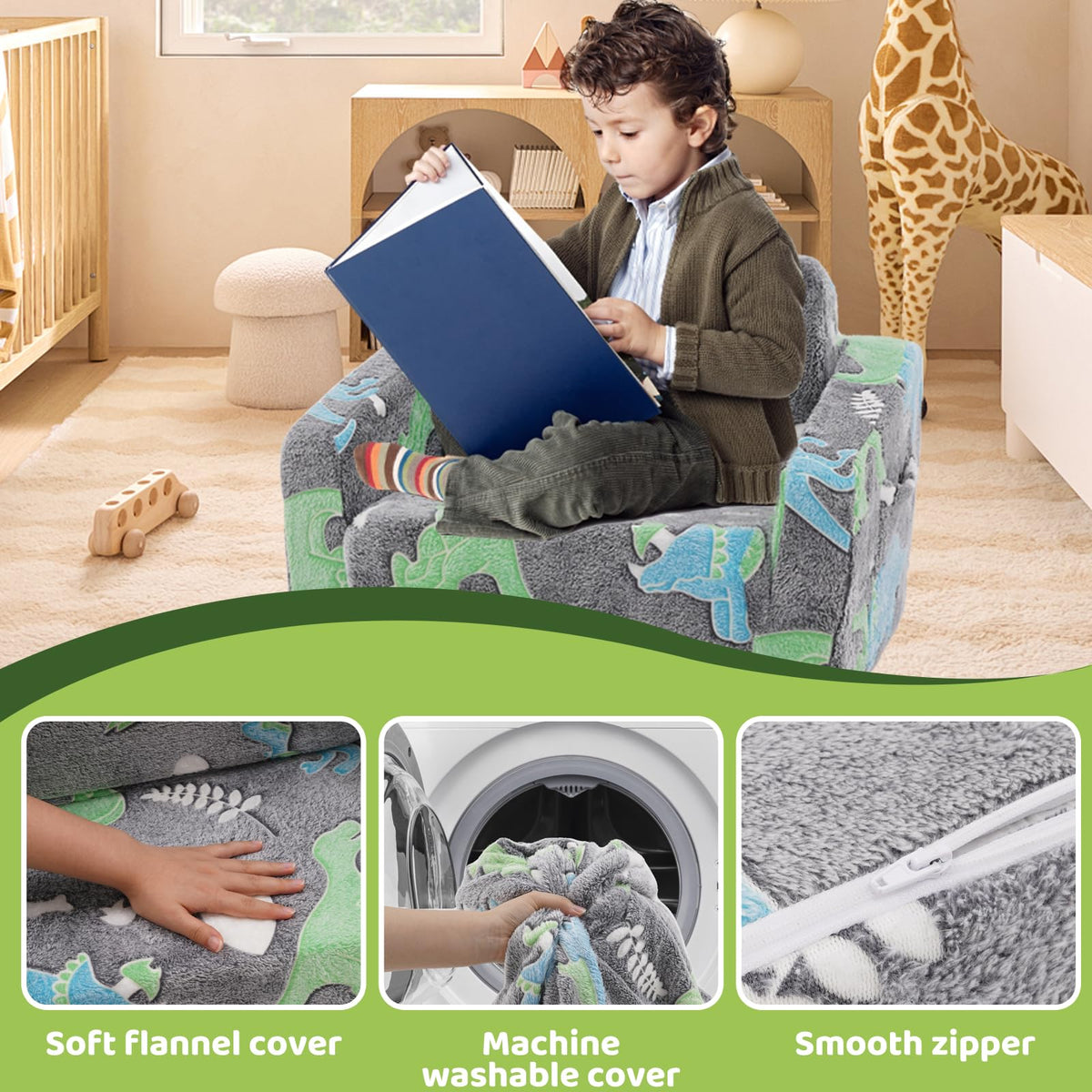 Toddler Couch, Foldable Toddler Chair, Kids Couch 2 in 1, Pull Out Bed Kids Sofa for Playroom, Removable Cover Armrest, Glow in The Dark Open Couch, 91 cm Length (Grey Dinosaur)