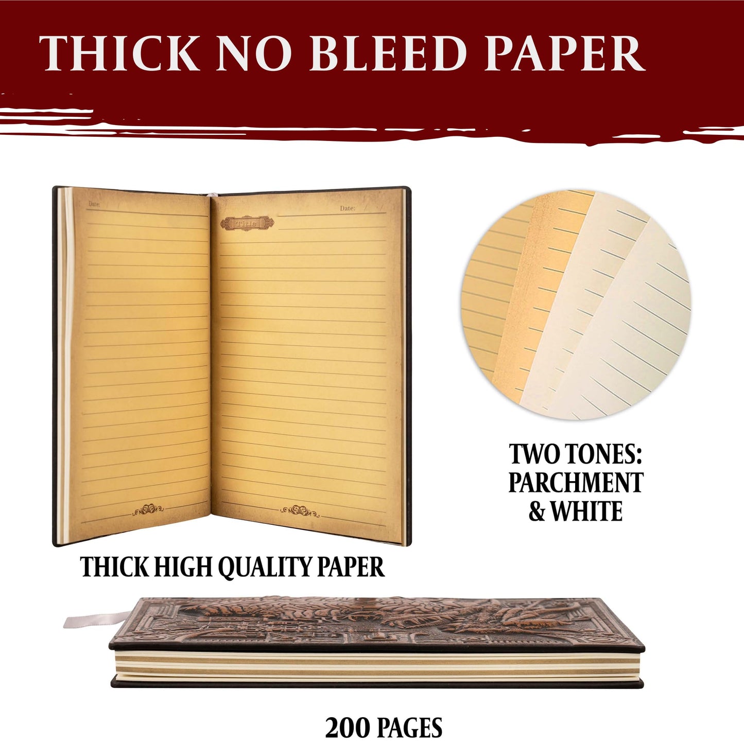 DND Notebook / Journal, Unique 200 Page Book with 3D Bronze Dragon Embossed Faux Leather Cover with Pen- Ideal for Dungeons & Dragons / D&D. Great RPG Accessories Nerdy Fantasy Gift for DM's & Players, Men or Women.