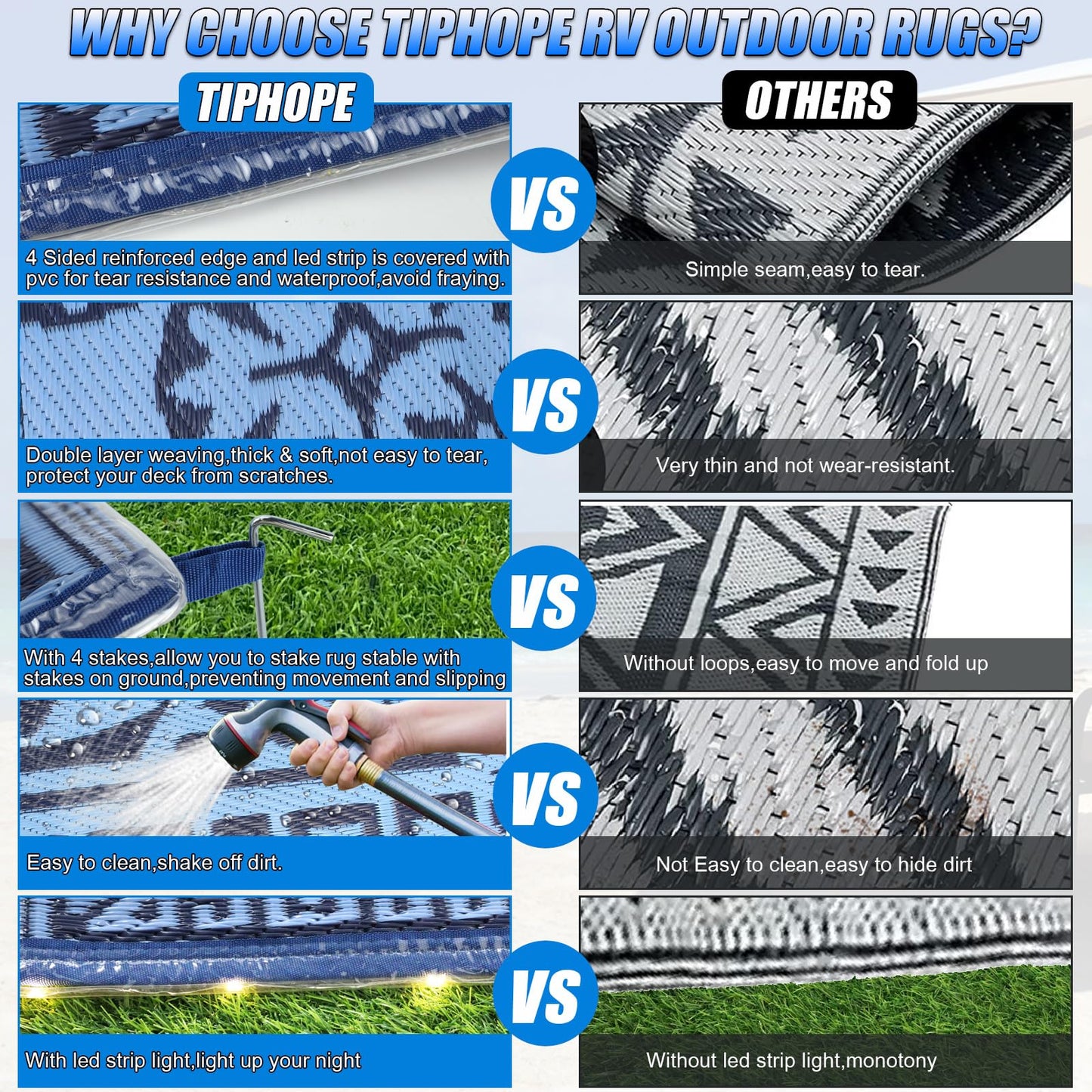 TIPHOPE 9X6 FT RV Outdoor Rugs with Led Light Strips,Foldable Camping Mat with Carry Bag Waterproof Reversible Mat RV Patio Mat Lightweight Large Floor Rug for RV Camping Picnic Patio-2 Year Warranty
