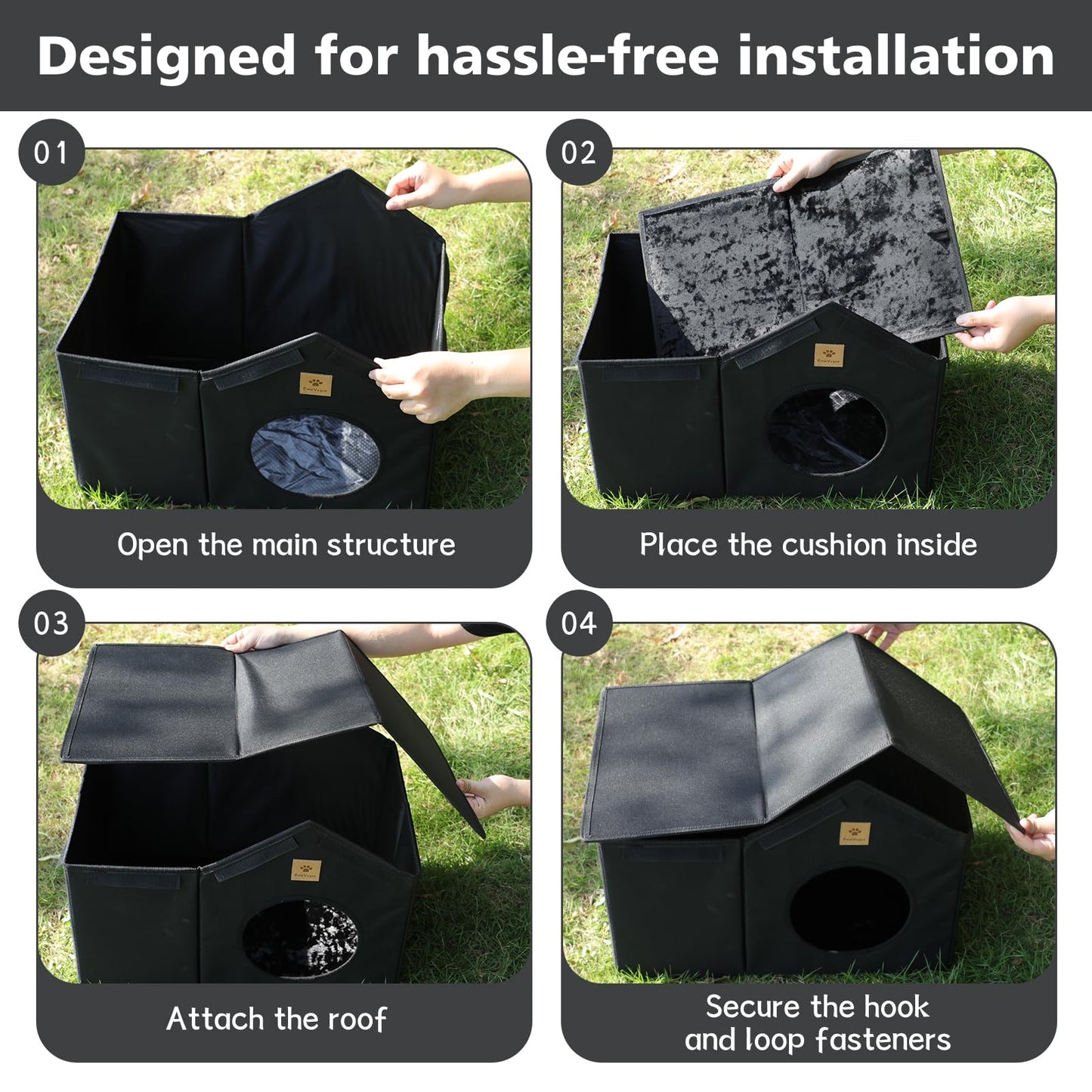 PawVogue Outdoor Cat House, Weatherproof & Insulated Cat Houses for Outdoor Cats with Waterproof Oxford Fabric and Density Board - Black