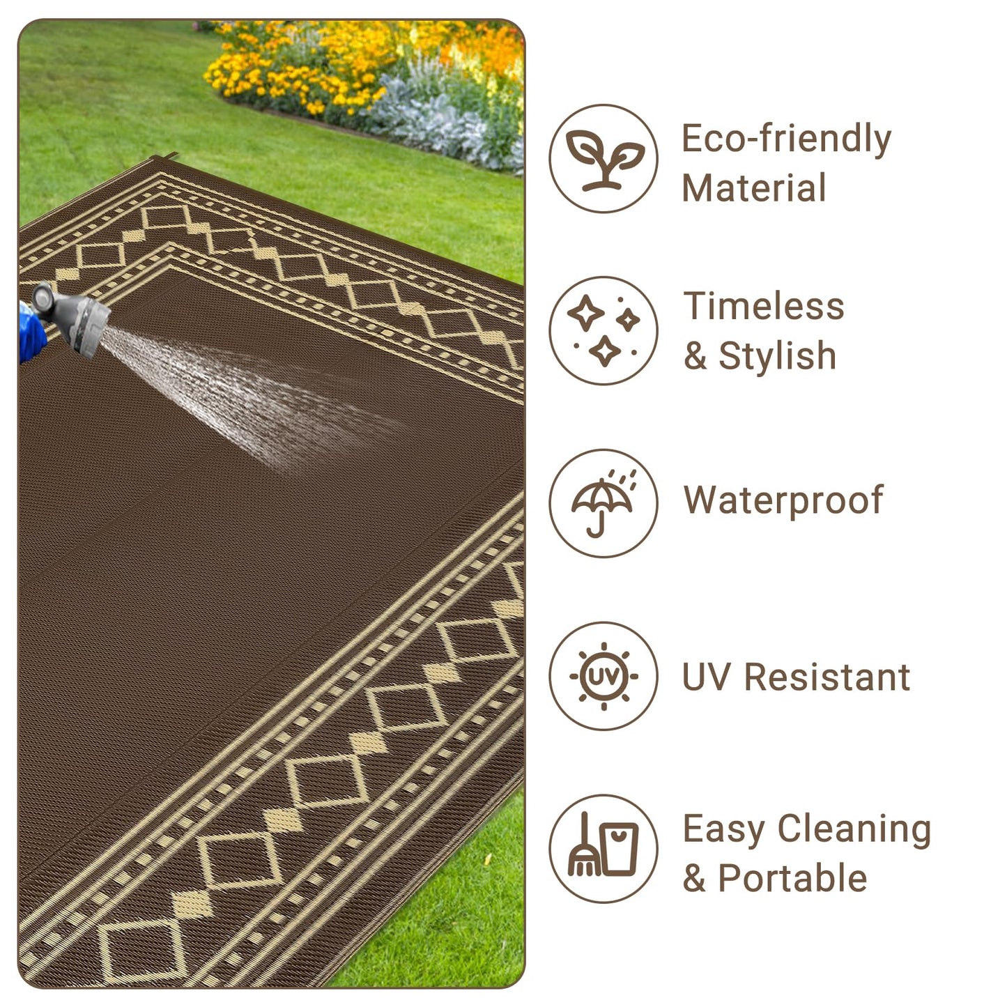 Garvee 6x9 Outdoor Camping Rug for Garden Contemporary Diamond Bordered Outdoor Picnic Mat Washable Non-Slip Easy-Clean Camper Carpets Brown Folding Portable Area Rug for Beach Backyard RV