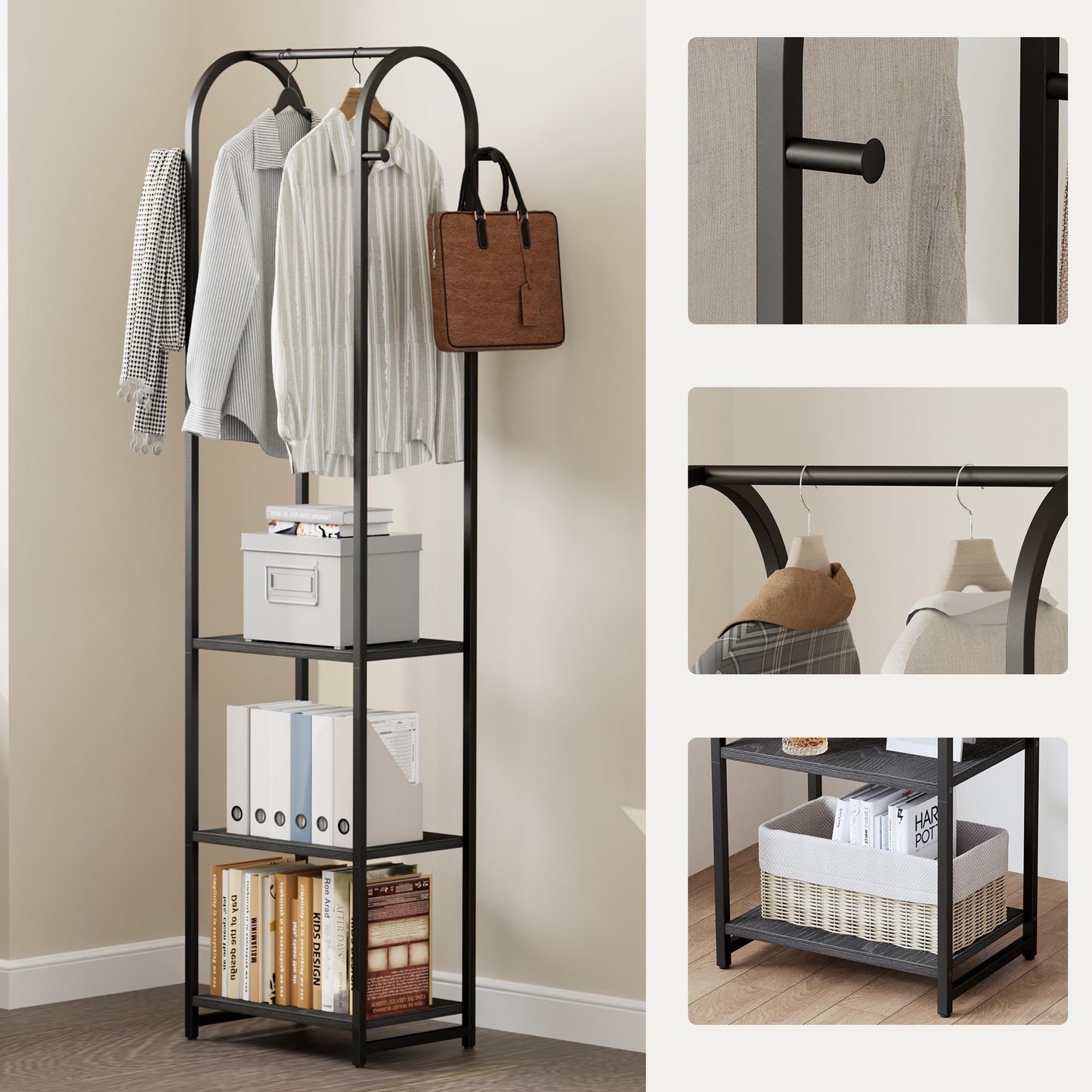 Cerlyunzan Garment Rack, Coat Rack With 3 Shelves and 4 Hooks, 71" H Clothes Stand For Hanging Clothes, Hanging Rod For for Bedroom, Hallway, Entryway, Office, Living Room, Black