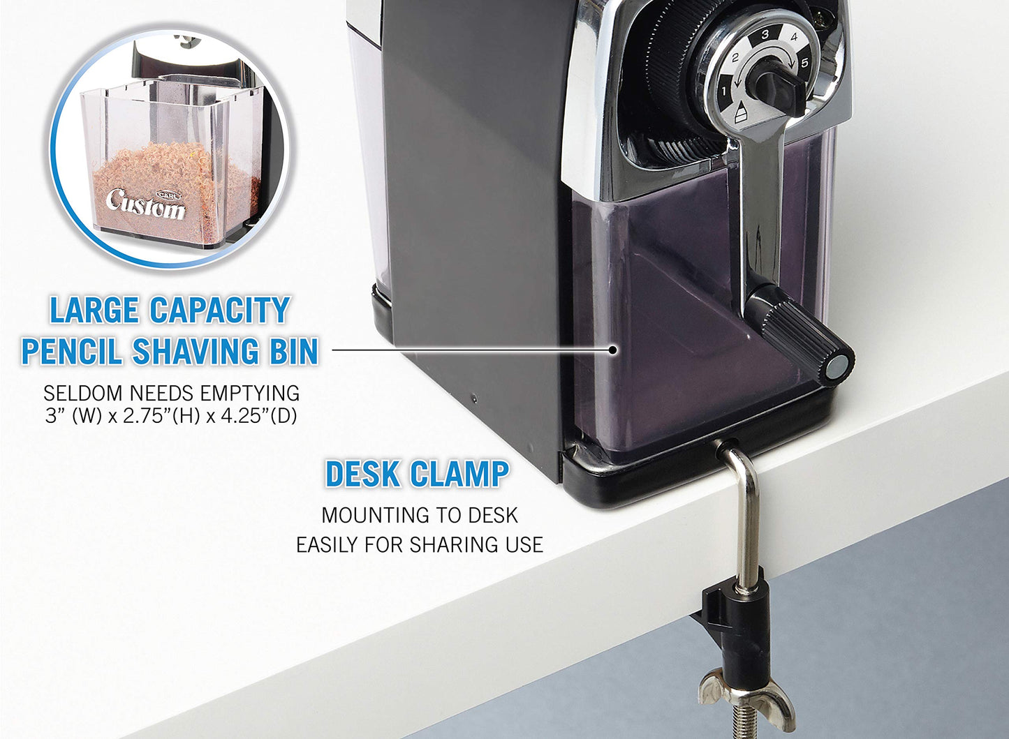Carl Pencil Sharpener, CC-2000, Black, 5-Point Selector. Manual, Quiet for Office and Home Desks, School Classroom, CUI19018