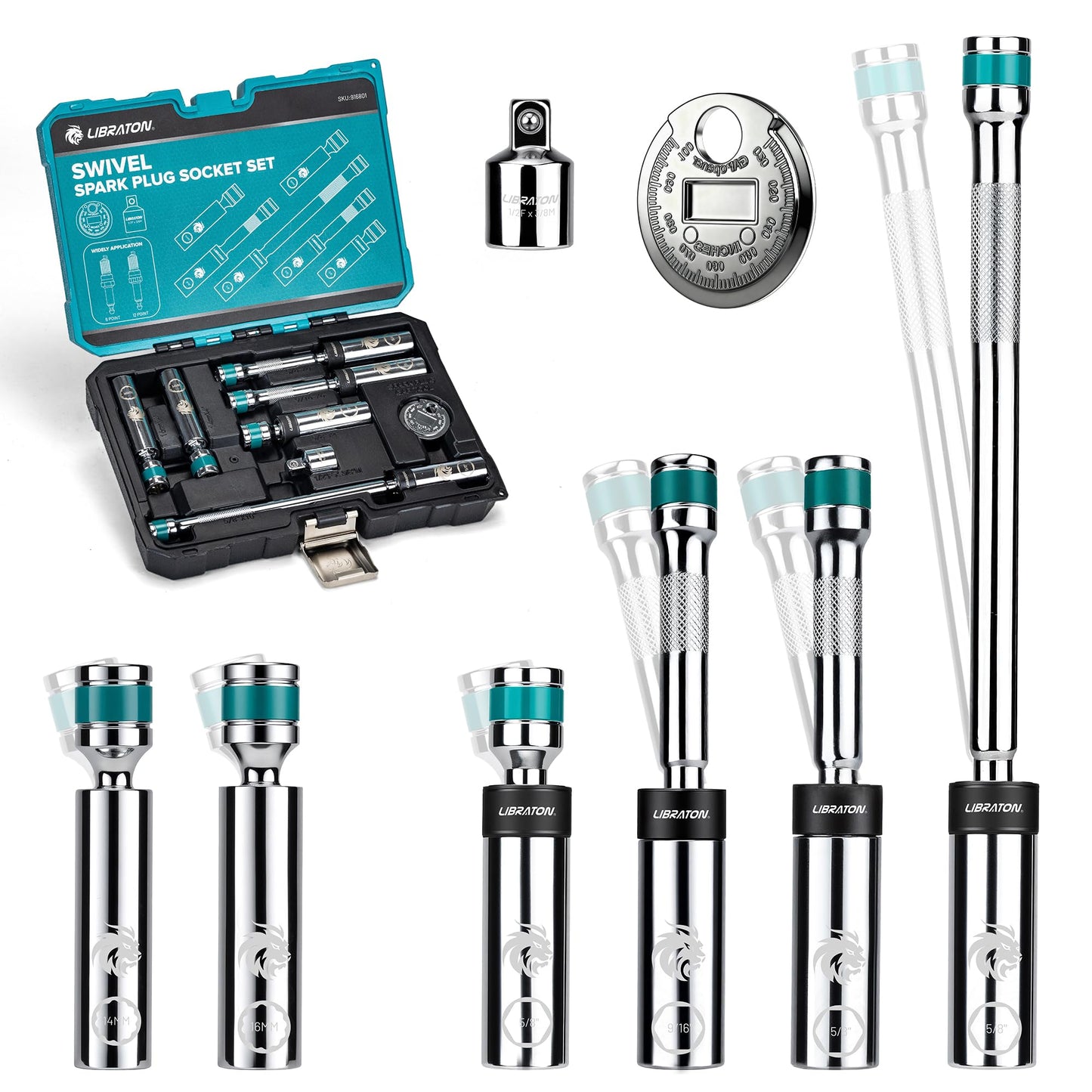 LIBRATON 8PCS 3/8"Dr. Magnetic Spark Plug Socket Set, Include Gapper & Extension Bar, Swivel Head Thin Wall (5/8" 9/16" 14mm 16mm), 6 &12 Point for Truck Motorcycle Auto Repair, w/4",6",10", CR-V