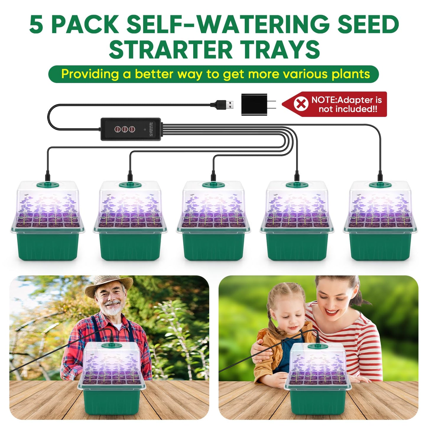BlumWay Self-Watering Seed Starter Tray with Grow Light,5 Pack 60 Cell Seed Starter Kit with Humidity Dome for Seed Starting,Reusable Plant Germination Trays for Indoor Gardening Seed Growing Seedling