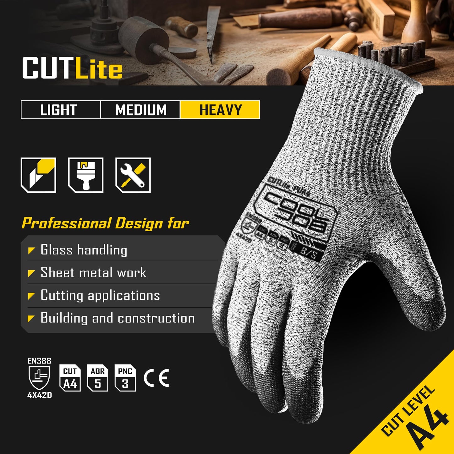 COOLJOB 12 Pairs A4 Cut Resistant Work Gloves with Grip, Polyurethane PU Coated, for Wood Carving, Glass Handling, Construction, Warehouse, Breathable & Lightweight, Gray Large