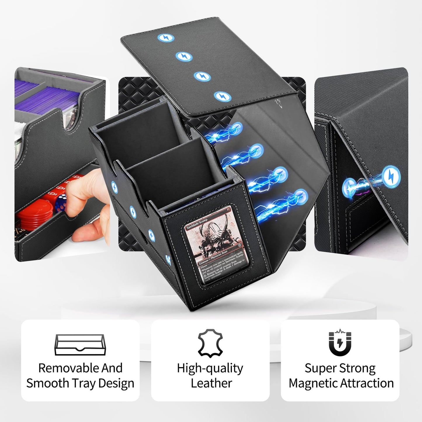 Card Deck Box for MTG, Double Card Storage Box with 2 Commander Display & Dice Tray, Fits 200+ Double Sleeved Cards, Card Organizer for CCG TCG Sports Cards (Black&Gray)