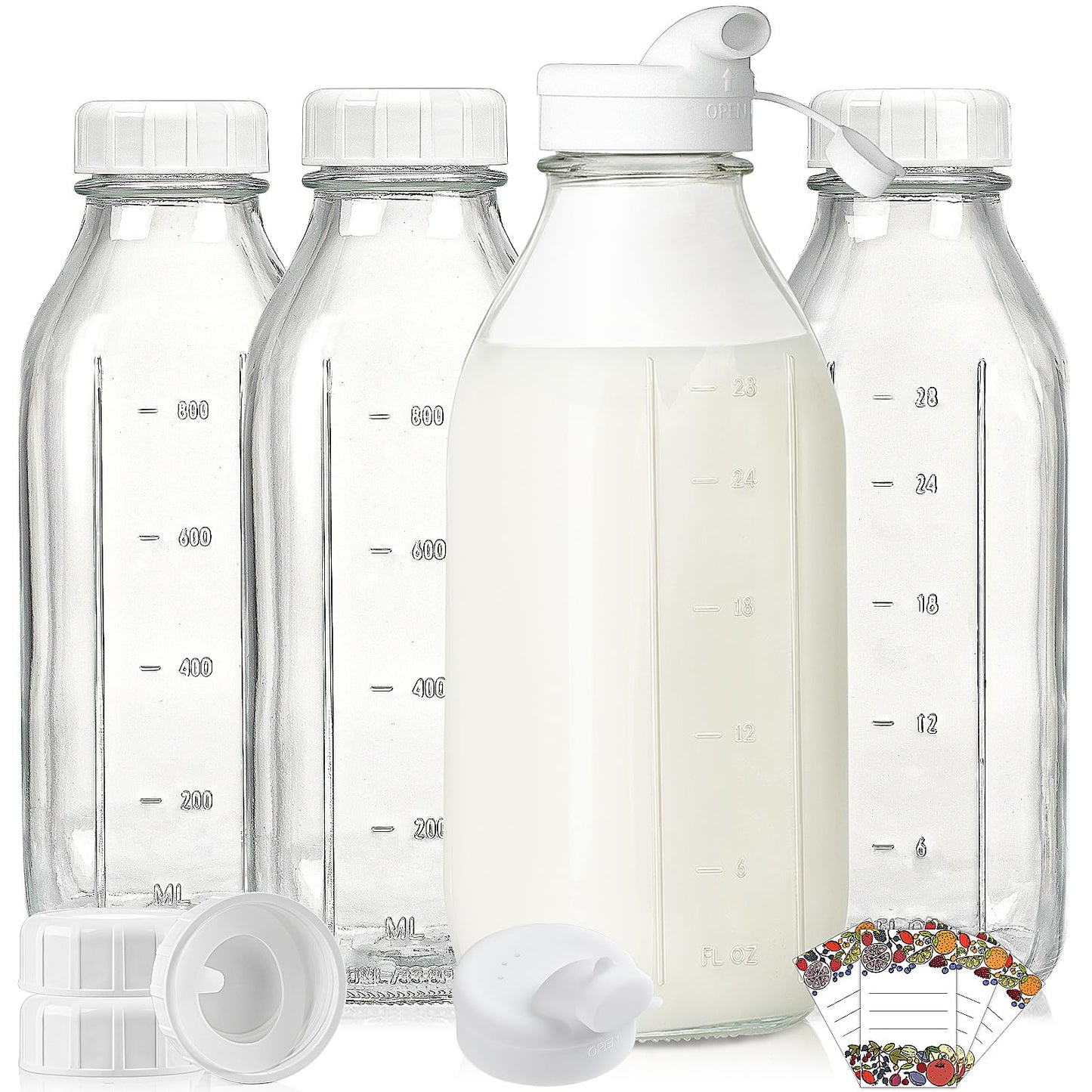 Liter Milk Container for Fridge w Scale and 2 Pour Spouts, 100% Airtight Lid - 4 Pack 32 Oz Glass Bottles w Lids - Juice Jugs for Almond Milk, Honey, Yogur - Dishwasher Safe,(Extra 2 Lids)