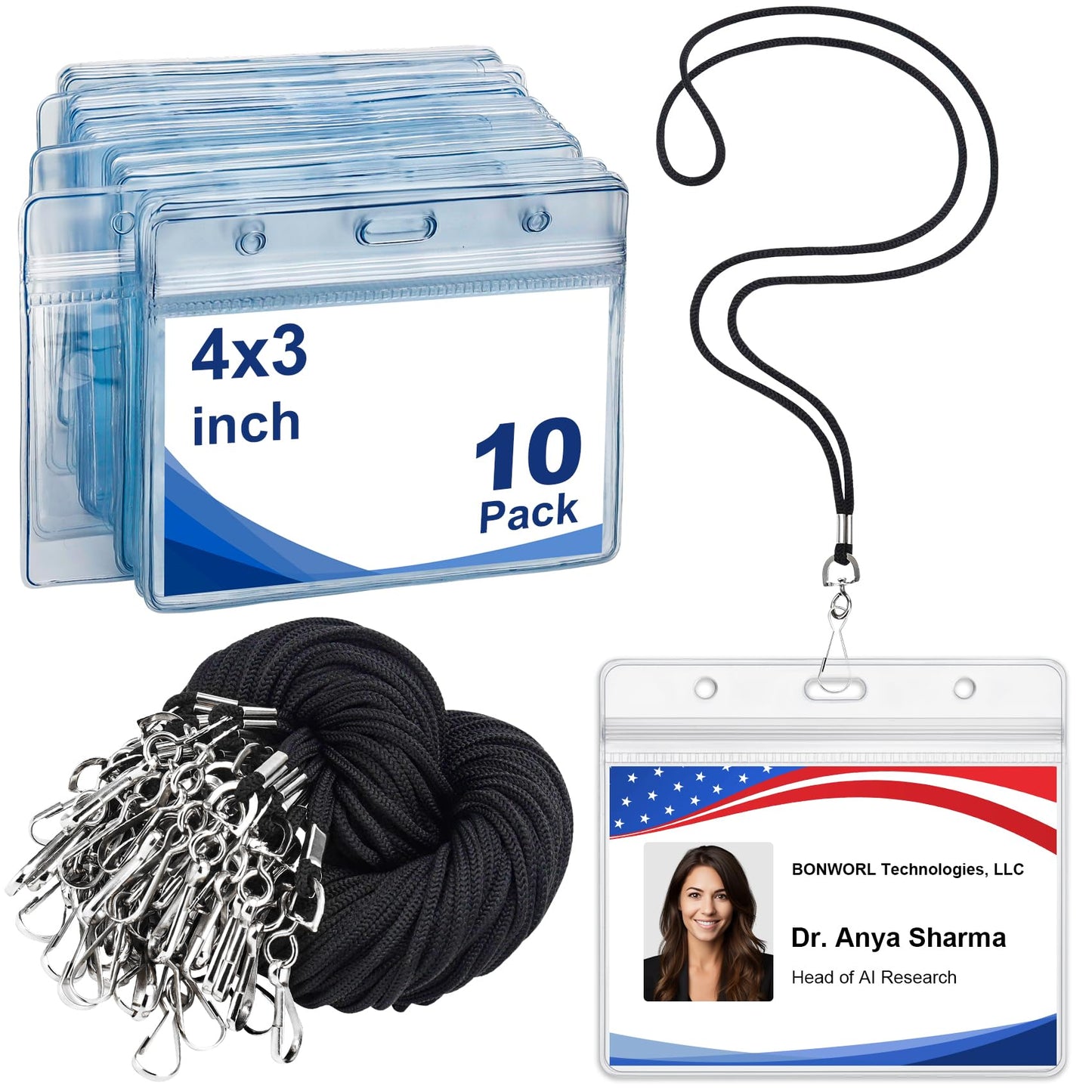 Bulk Black Lanyards for ID Badges, 100 Pack with Horizontal 4x3 ID Holder, Clear Waterproof Name Badge Holder with Lanyard for Office Teams, Schools, Events