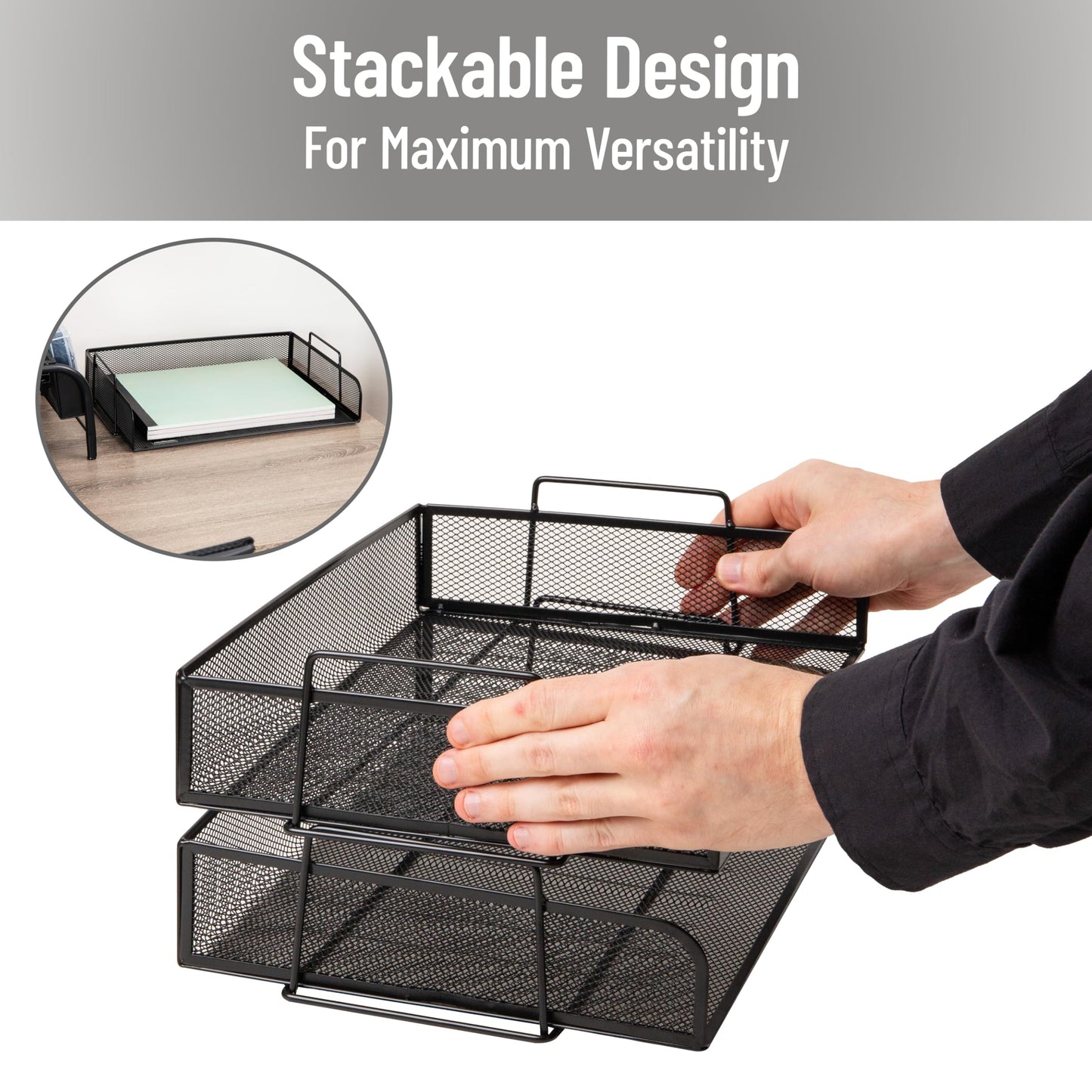 Mind Reader Stackable Paper Tray, Desktop Organizer, File Storage, Office, Metal Mesh, 13.25" L x 9.75" W x 6.25" H, 2 Pcs., Black