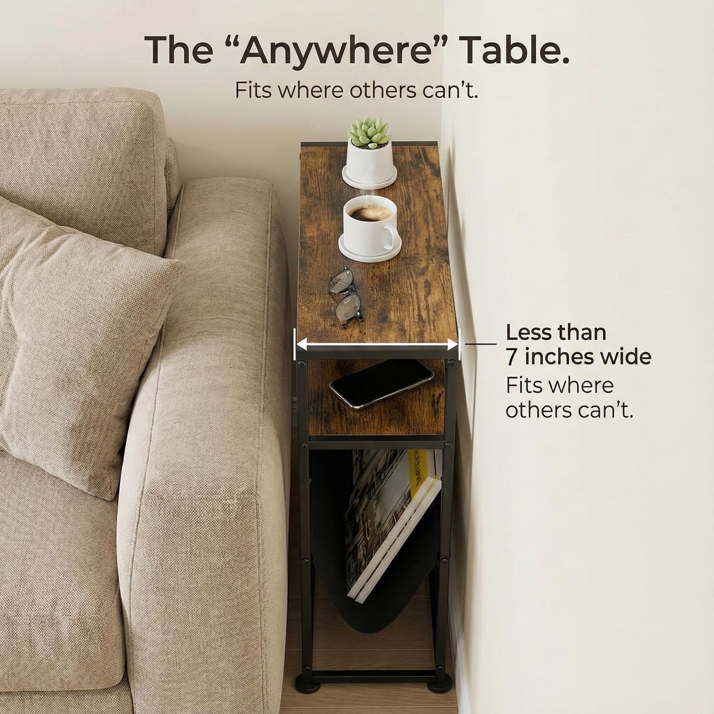 ZEXVIDA Narrow End Table for Small Spaces - Slim Side Table with Magazine Holder,2 in 1 Design Narrow End Table Living Room,Skinny Bedroom Nightstand Thin Side Magazine Table (Rustic Brown)