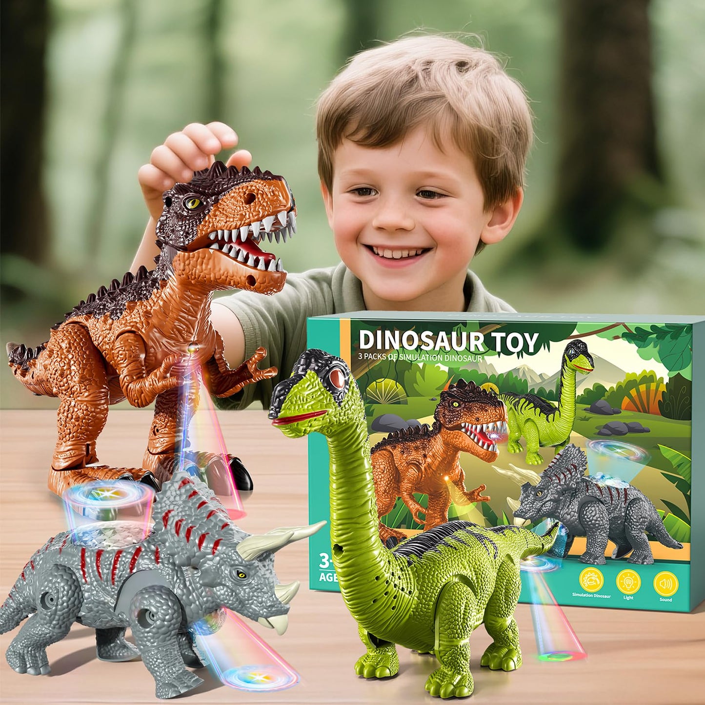 Lucky Doug 3 Pack Electric Realistic Dinosaur Toys with Simulated Sound ＆ Light for Boys Kids Aged 3 4 5 Years Old, Dinosaur Figures for Toddler Christmas and Birthday