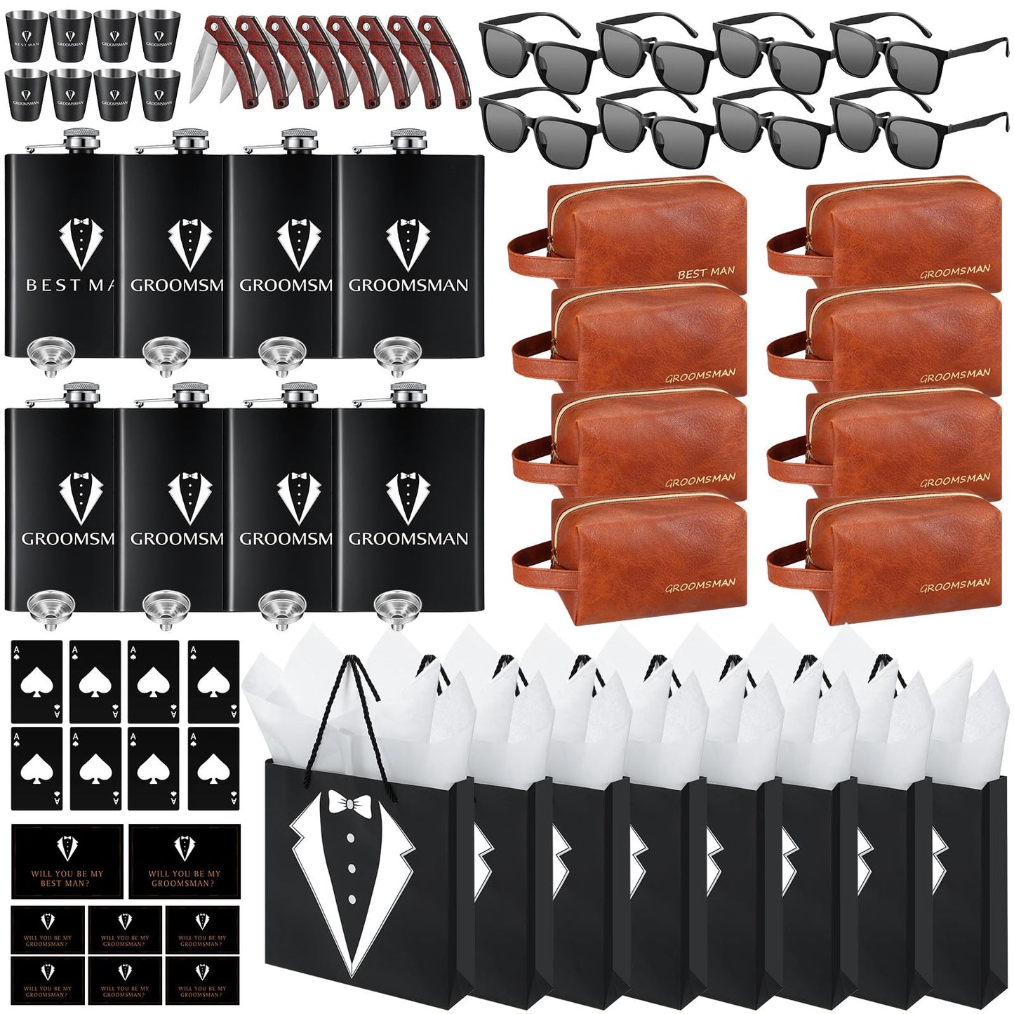 80Pcs Groomsmen Gifts Groomsmen Proposal Box with Flasks Sunglasses PU Leather Toiletry Bag Bottle Opener for Wedding Groomsman Best Man Gift (80, Brown)