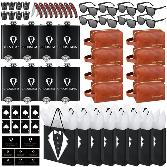80Pcs Groomsmen Gifts Groomsmen Proposal Box with Flasks Sunglasses PU Leather Toiletry Bag Bottle Opener for Wedding Groomsman Best Man Gift (80, Brown)