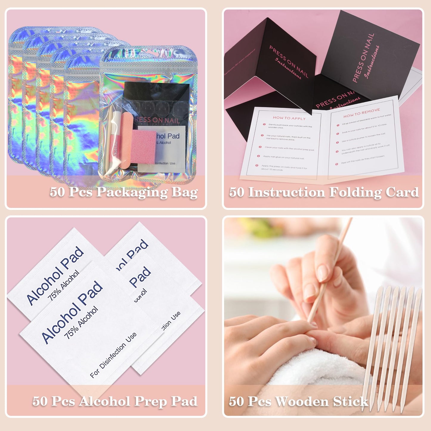 50 Pack Press On Nail Tool Prep Kit for Nail Salon Business, Disposable Manicure Kit with Nail File, Buffer, Nail Glue, Prep Pad, Instruction Card, Adhesive Nail Tabs, Wood Stick, Holographic Bag (A)