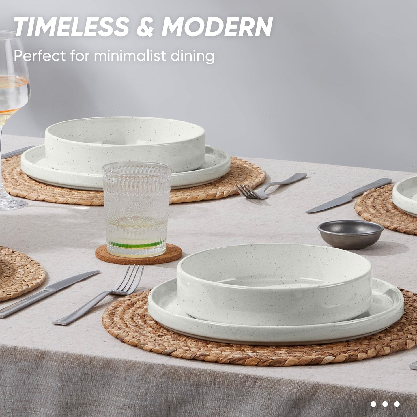 E-far 8-Piece Plates and Bowls Sets - Stoneware Dinnerware Sets with Pasta Bowls for 2 | Microwave & Dishwasher Safe Modern Dish Set, Speckled White
