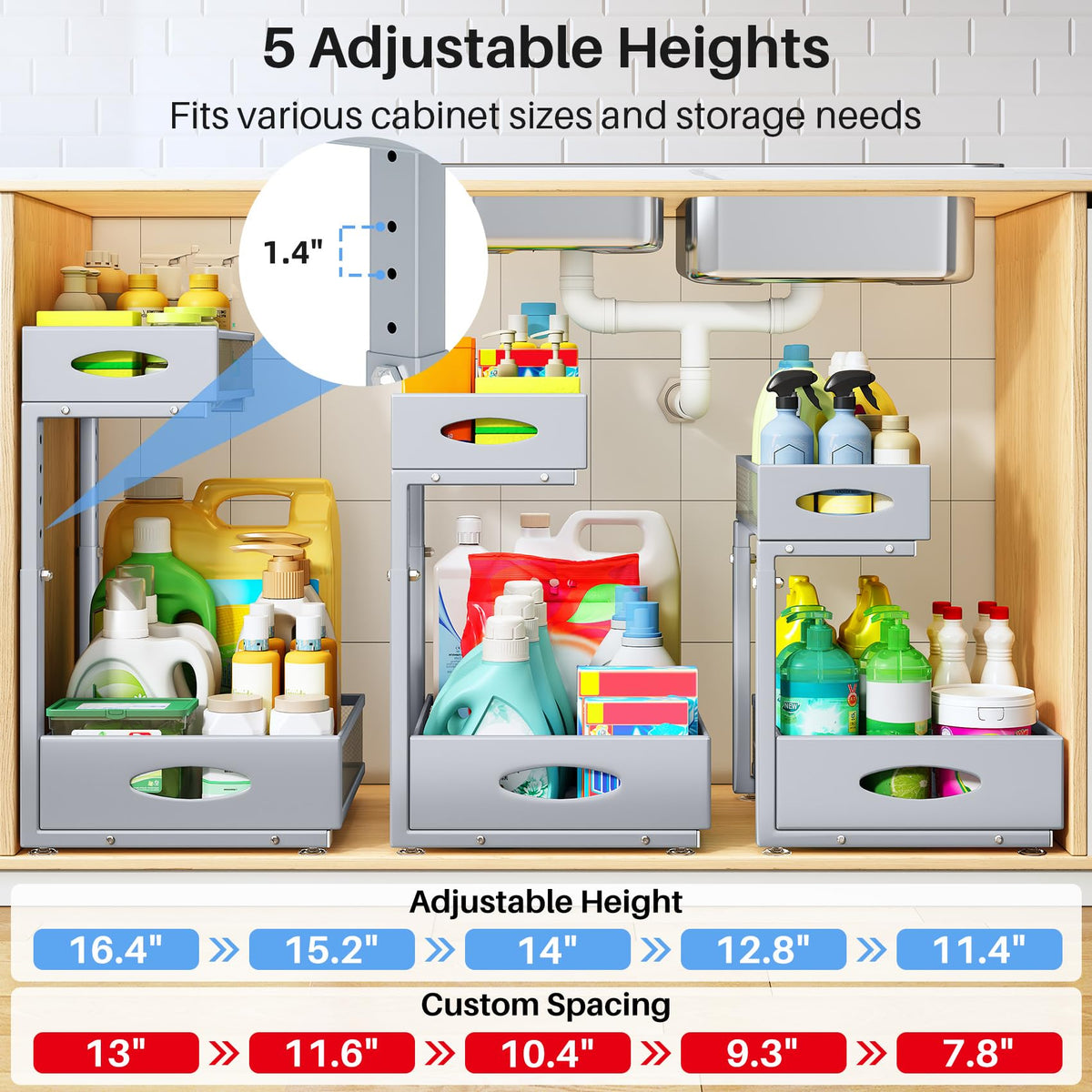 Under Sink Organizer, 2 Pack 2 Tier Pull Out Under Cabinet Organizer Shelf with Pad for Framed Cabinets, Metal Slide Out Under Sink Storage, Mesh Sliding Drawers for Kitchen Bathroom Laundry, Grey