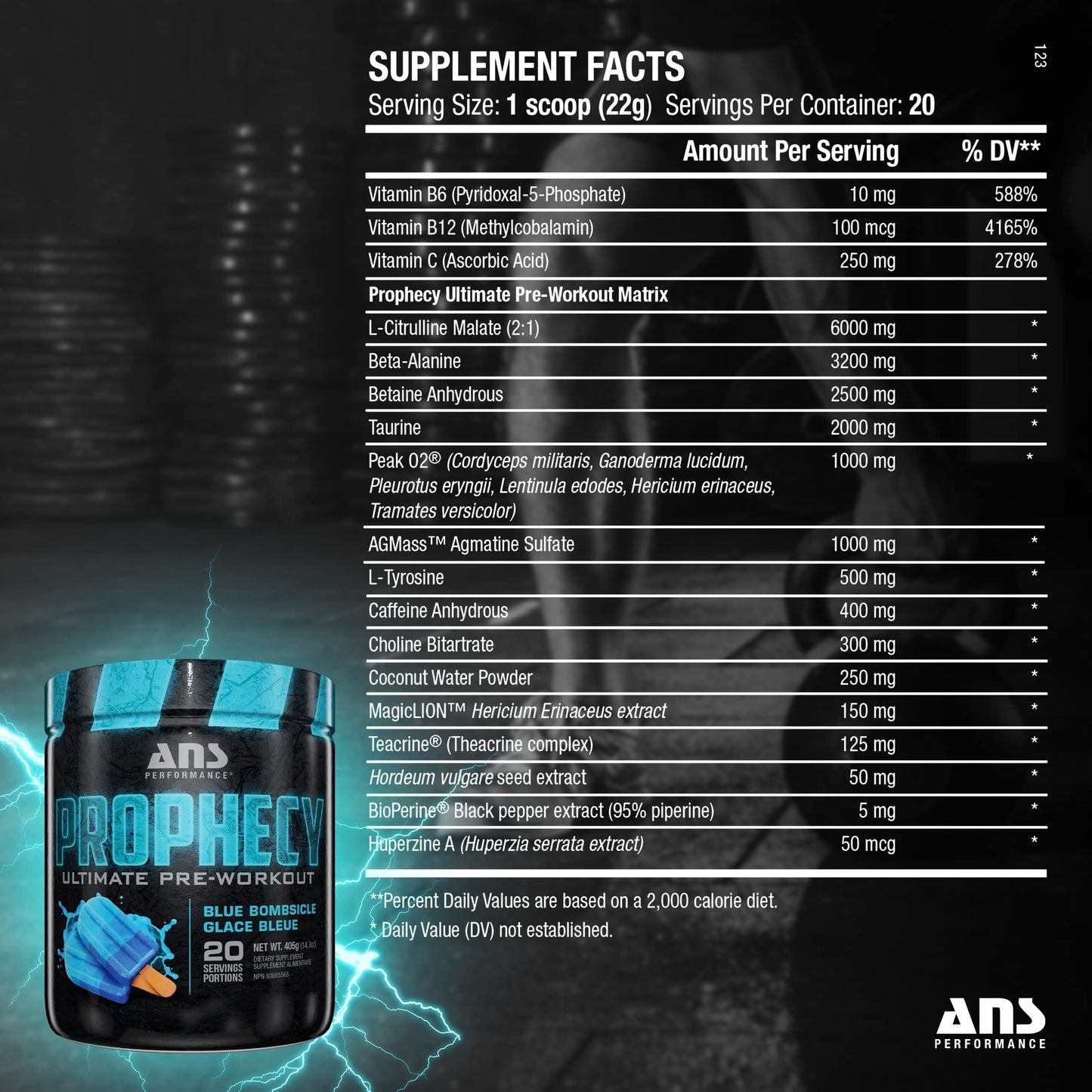 ANS Performance Prophecy Pre Workout Powder (20 servings, 14.5 oz) – Gluten Free Pre-Workout Formula - Energy & Strength - Sugar Free- Increase Power & Workout Volume (Blue Bombsicle)