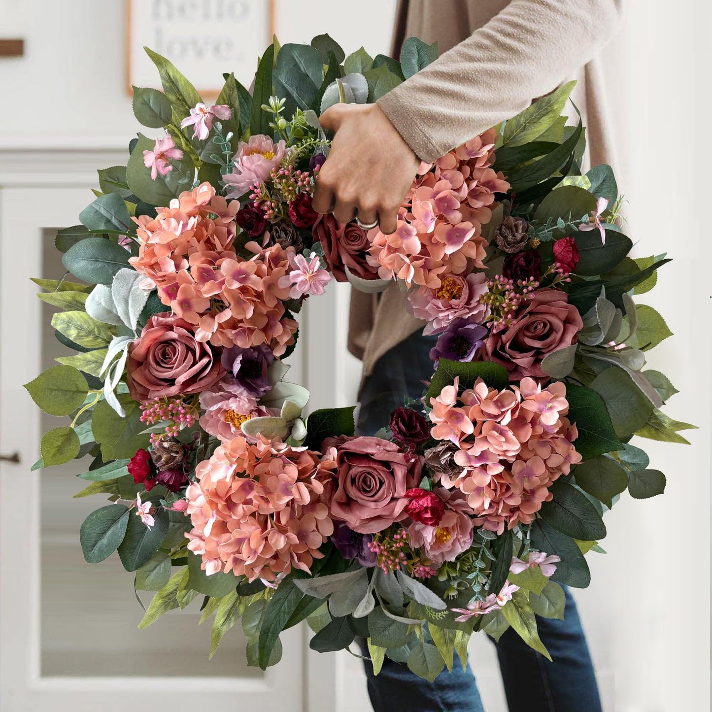 WANNA-CUL 24 Inch Spring Hydrangea Wreaths for Front Door,Spring Door Wreath with Rustic Pink Rose and Peony Flower for Wedding or Mothers Day Wreath Decor