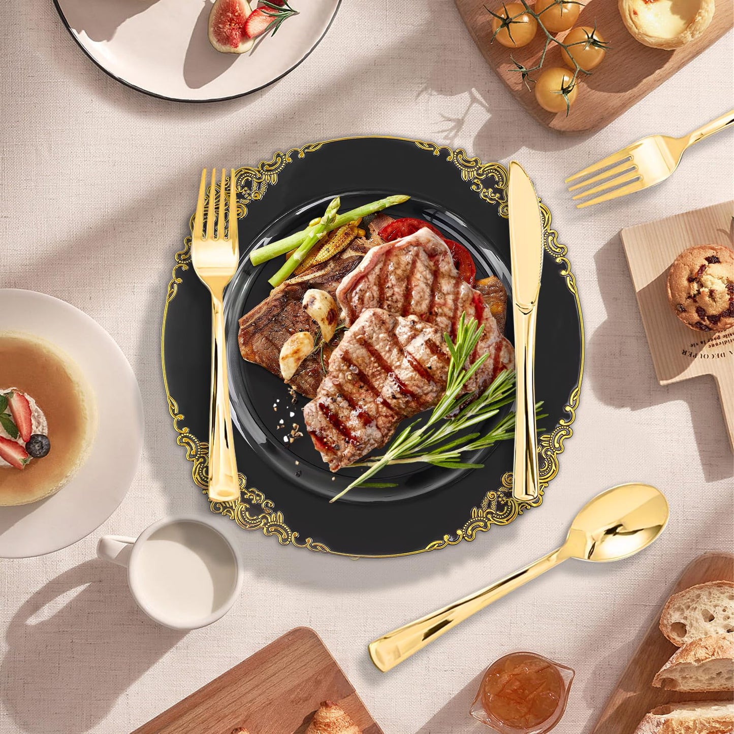 211 Piece Plastic Plates with Gold Trim, Fancy Disposable Dinnerware Set Include Dinner Plates, Dessert Plates, Cups, Napkins, Silverware and Tablecloth for Party Wedding Halloween, 30 Guests