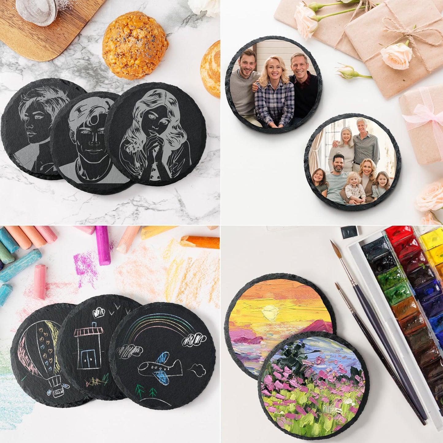 MAPRIAL 36 Pieces Slate Coasters, 4 Inch Round Coasters for Drinks Black Stone Coasters Bulk Rustic Coasters Set with Anti-Scratch Backing for Bar, Housewarming Gifts, DIY, Home Decor, Table, Cup