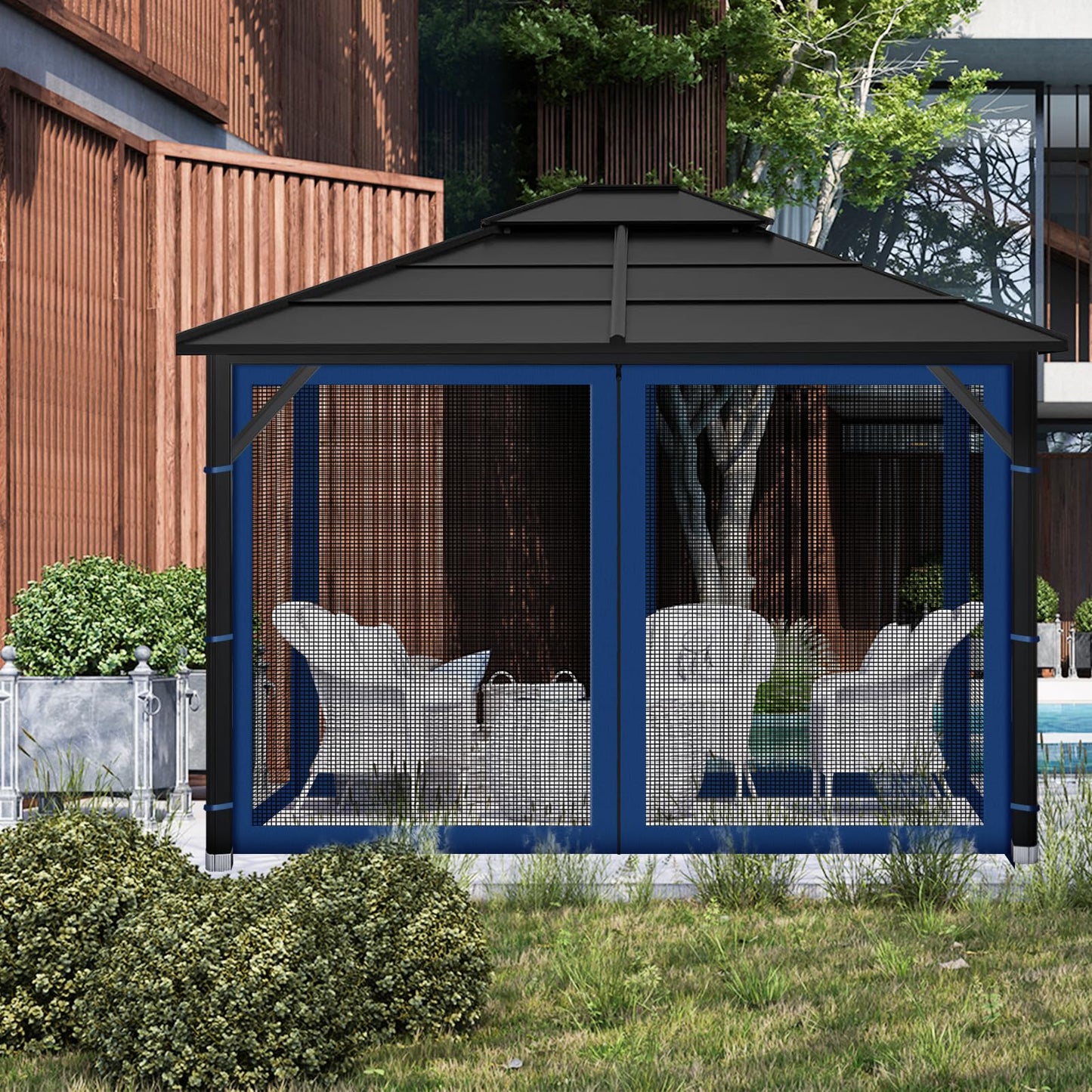 Gazebo Replacement Mosquito Netting Outdoor Universal Gazebo Canopy 4-Panels Screen Sidewalls with Zipper for Patio Garden (Navy Blue, 10x10)