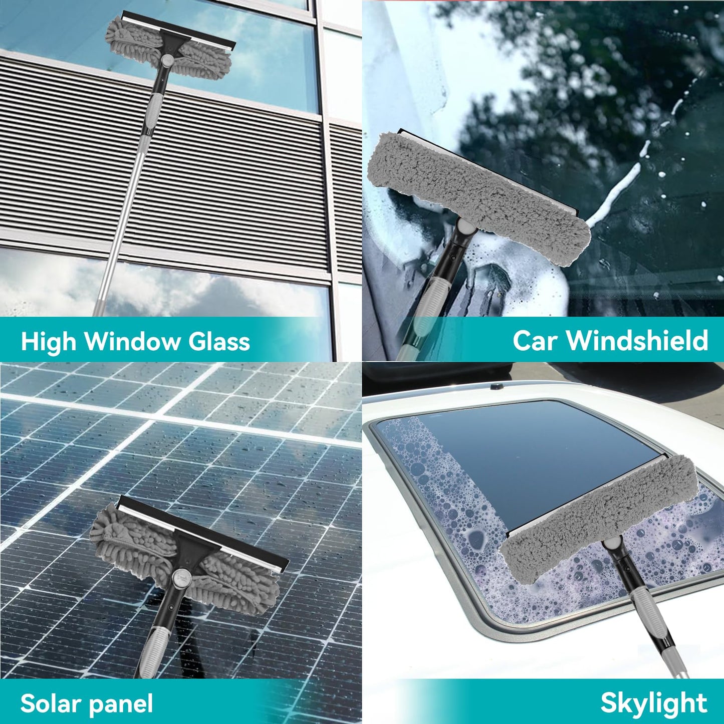 2-in-1 squeegee for window cleaning: 20+ Ft Long Reach cleaner tool with extension pole in home office commercial building Skylight Floor Ceiling Wall Dusting for Homeowner Car Enthusiast DIY Cleaners