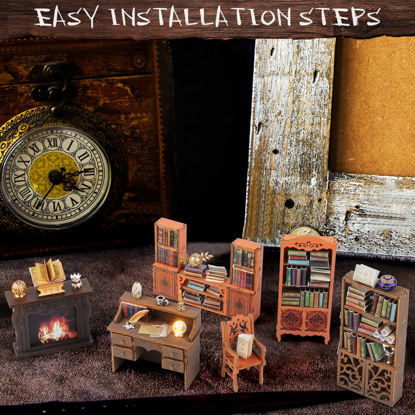 DIY Book Nook Kit: 3D Wooden Puzzle Shelf Insert with LED Light - Miniature Dollhouse Bookend Decor for Adults and Teens - Creative Gift,Not Including Glue (Style A)