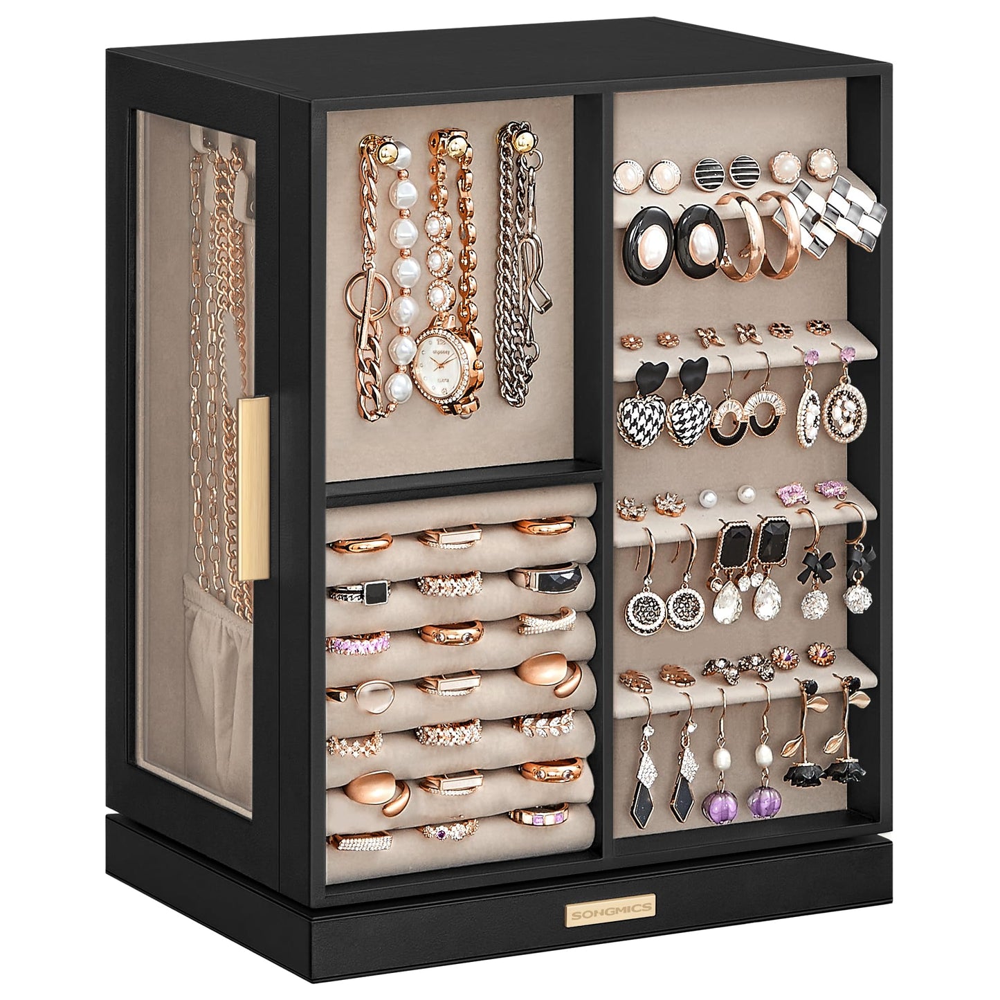 SONGMICS GISELLA Collection - Jewelry Box Organizer 360° Rotating, Large Vertical Jewelry Storage Case with 5 Drawers, Shiny Metal Hardware, Glass Window, Gift Idea, Ink Black UJBC170B01