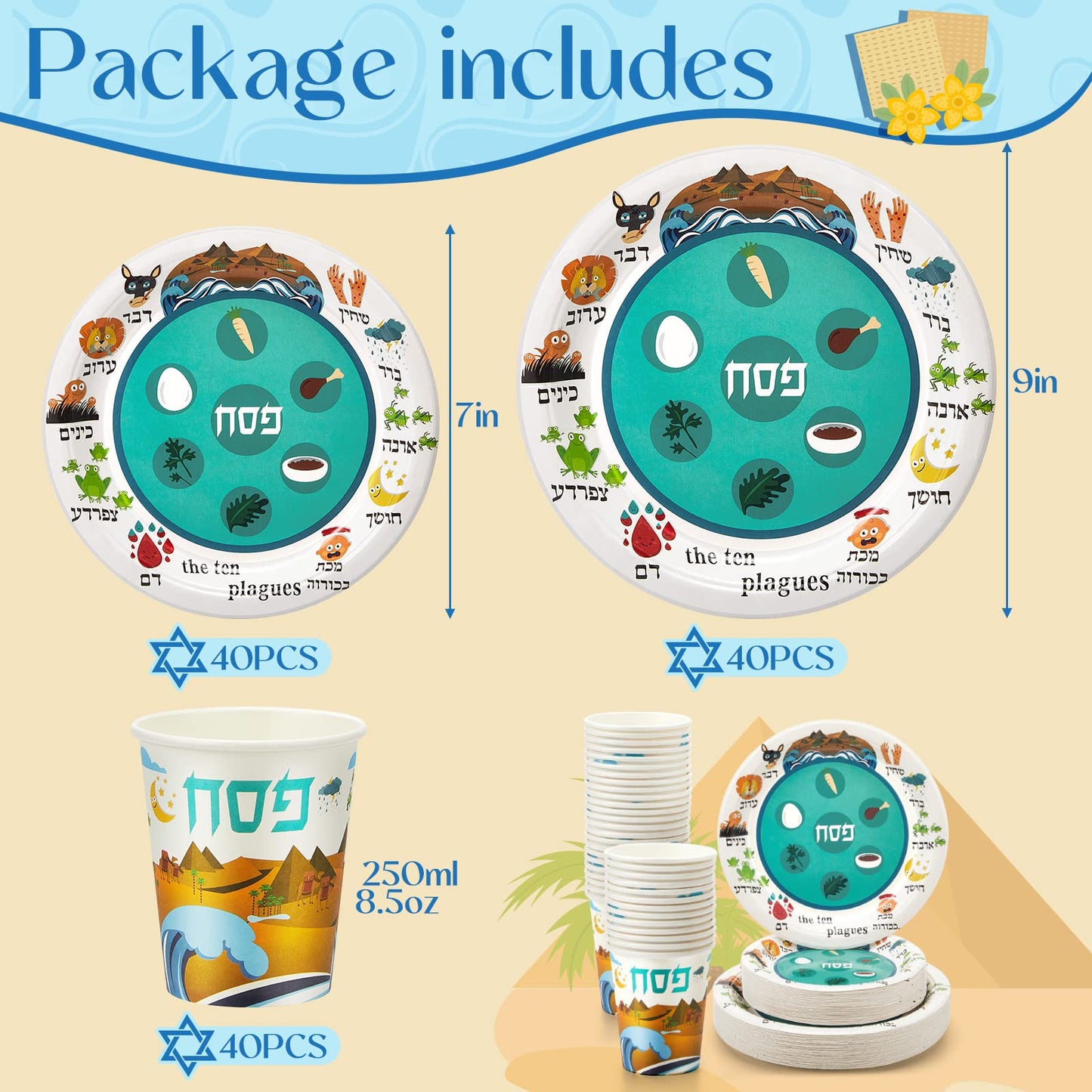 Tessco for you 120 Pcs Disposable Passover Tableware Set Seder Paper Plate and Cups Serve 40 People 9" 7" Pesach Green and White Plates Cups for Passover Party Supplies Kitchen Decorations