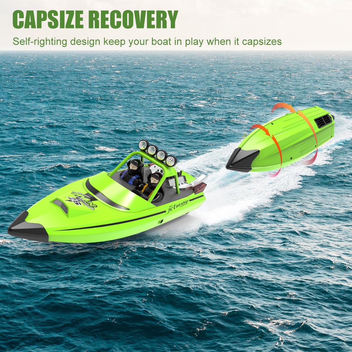 Hitish RC Boat for Kids Adults 2.4GHz Remote Control Boats with LED Light for Pool Lakes Water, 20MPH Fast Speed Racing Jet Boat, Boat Toy for Boys Girls, 2 Rechargeable Batteries 40+ Mins, Green