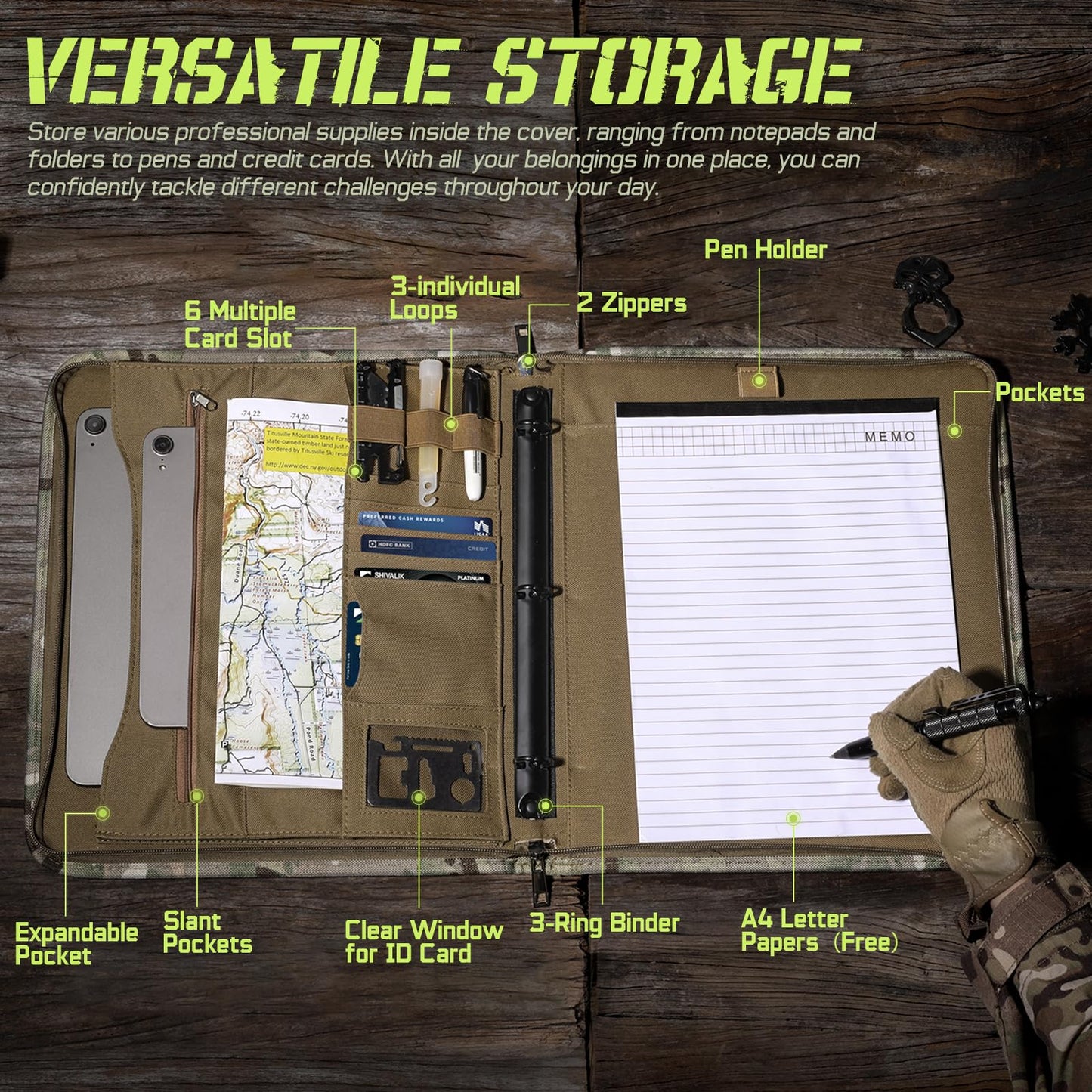 LIVANS Tactical Notebook Portfolio Padfolio Ring Binder with Zipper Army Military Notebook Planner Contains 25 Sheets A4 Letter Paper and Detachable 3-Ring Binder Multi-Storage Handle Bag for Out-work