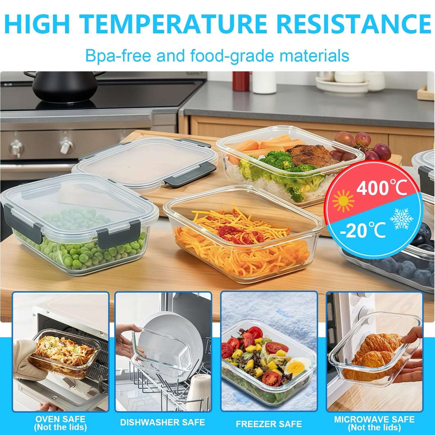 Pure Future 10-Piece Set (5-Pack, 36oz) Borosilicate Glass Food Storage Containers with Upgraded Detachable Locking Lids - Leak Proof Meal Prep Lunch Boxes, Oven/Microwave Safe