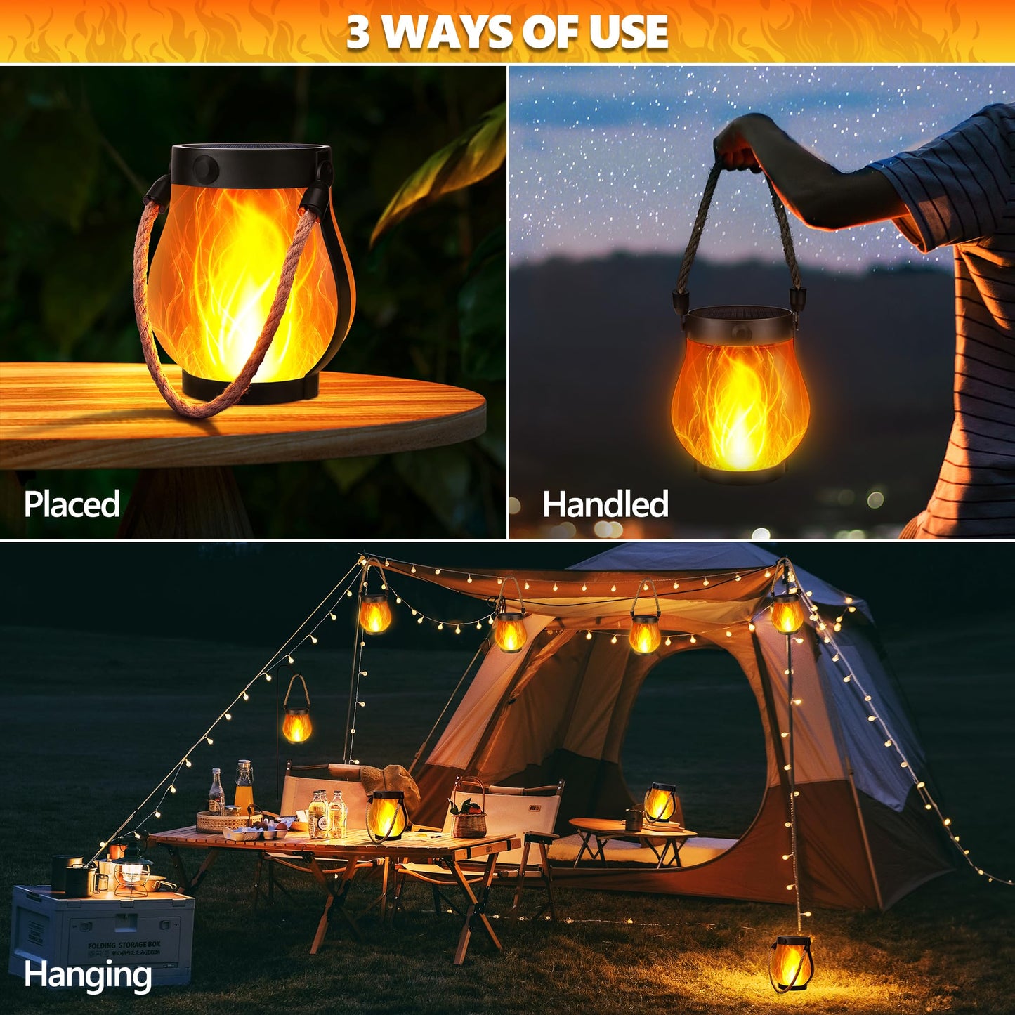 Jyoiat Outdoor Solar Lantern Lights - 2 Pack Solar Flame Hanging Patio Lights Garden Lights with USB Dual Mode Front Porch Lamps Wall Mount Patio Garage Decorative