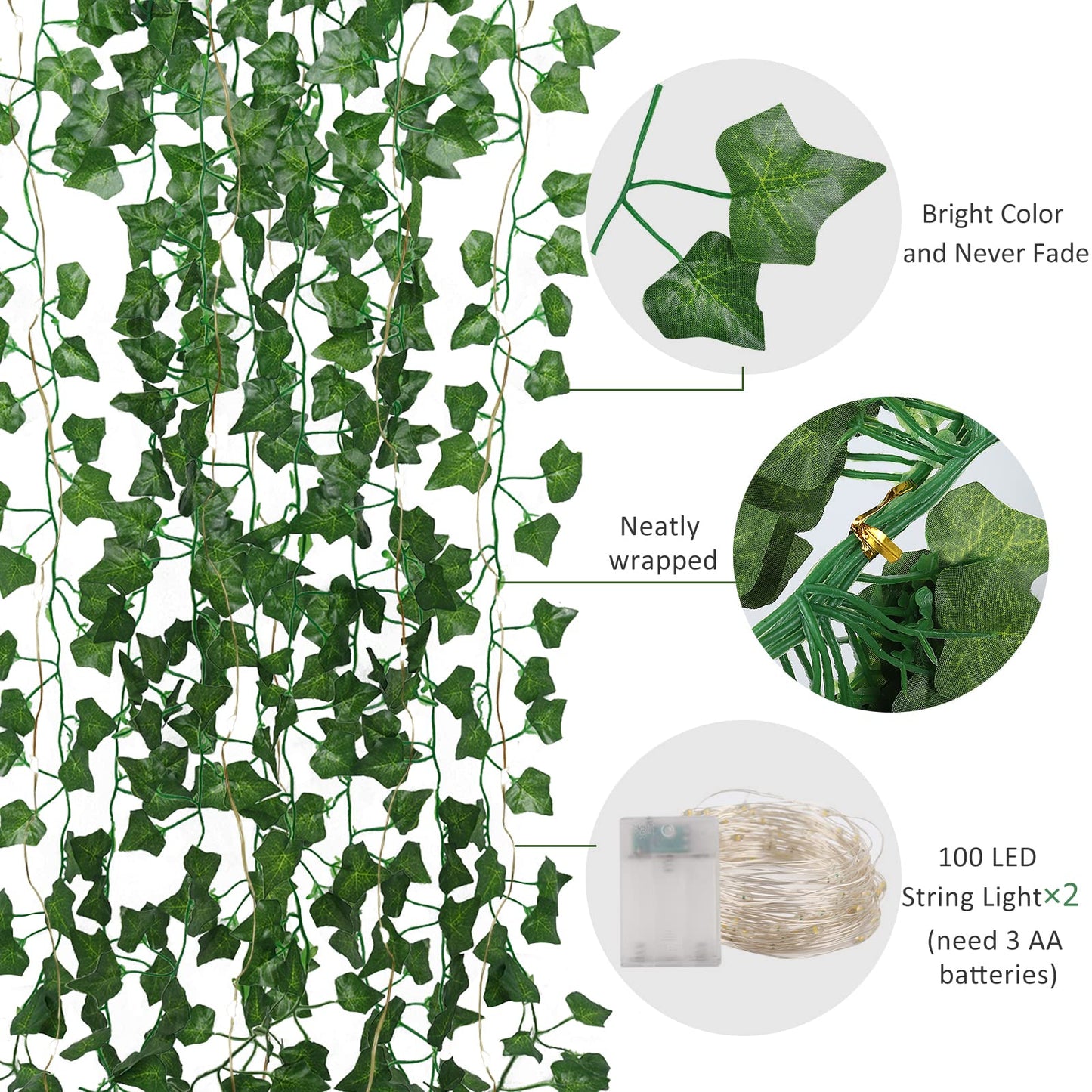 RECUTMS Ivy Fake Vines 24 Pack 173 FT Artificial Vine with 200 LED String Light Leaves Wall Decor Leaf Plants Greenery Garland Hanging Plant for Spring Aesthetic Room Garden Office Wedding Decorations