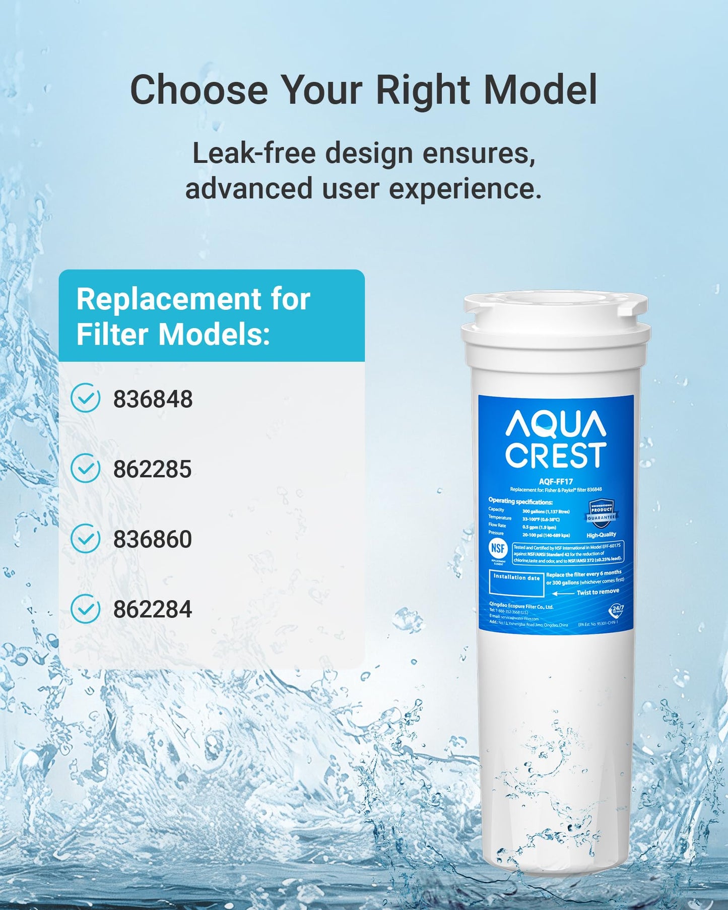 AQUA CREST 836848 Refrigerator Water Filter, Replacement for Fisher & Paykel 836848, 862285, 836860, E522B, PS2067635, RF90A180DU, EFF-6017A, E402B, E442B, SUPCO WF296, RF135B, RF170A, RF201A (3 Pack)