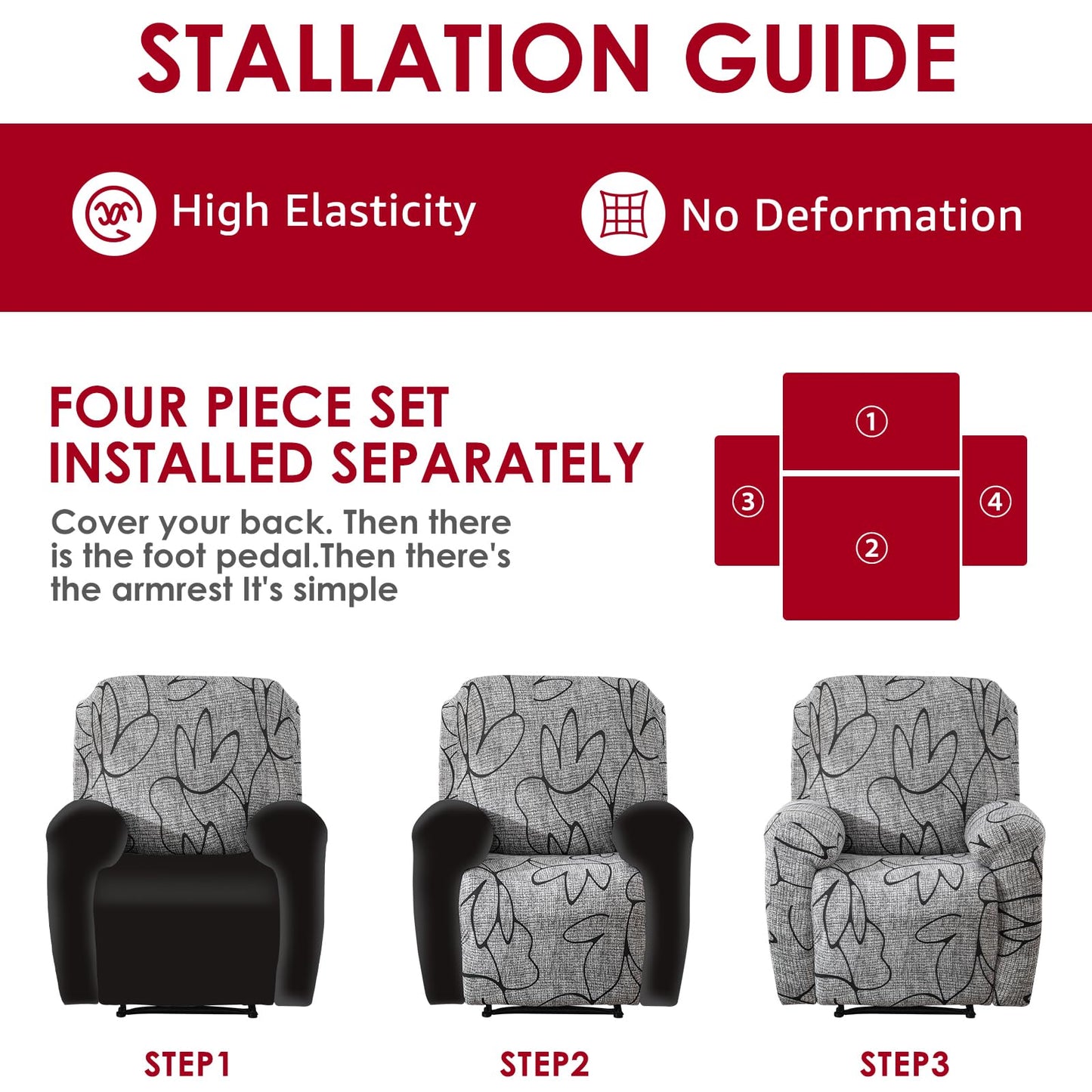 Recliner Chair Cover, Anti Scratch Lazy Boy Recliner Covers, Stretching Printed Sofa Slipcovers for Protection, Elastic Bottom Couch Cover Slipcover for Cats, Dogs, Pets and Kids, Machine Washable