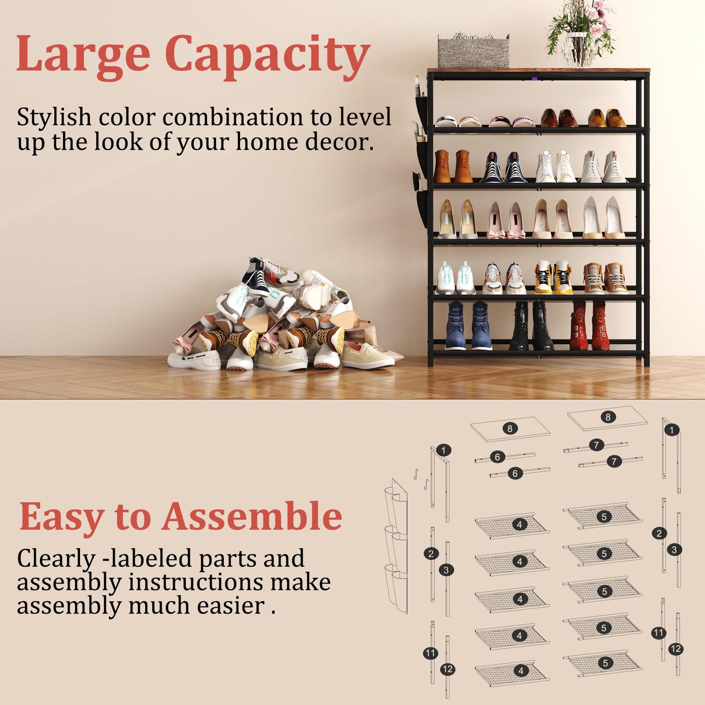 HOMEFORT Shoe Rack for Entryway,30" Metal 6 Tiers Shoe Shelf, Shoe Closet with Adjustable Mesh Shelves, Shoe Storage Organizer for 18-24 Pairs, Industrial Boot Stand with Side Pocket, Rustic Brown