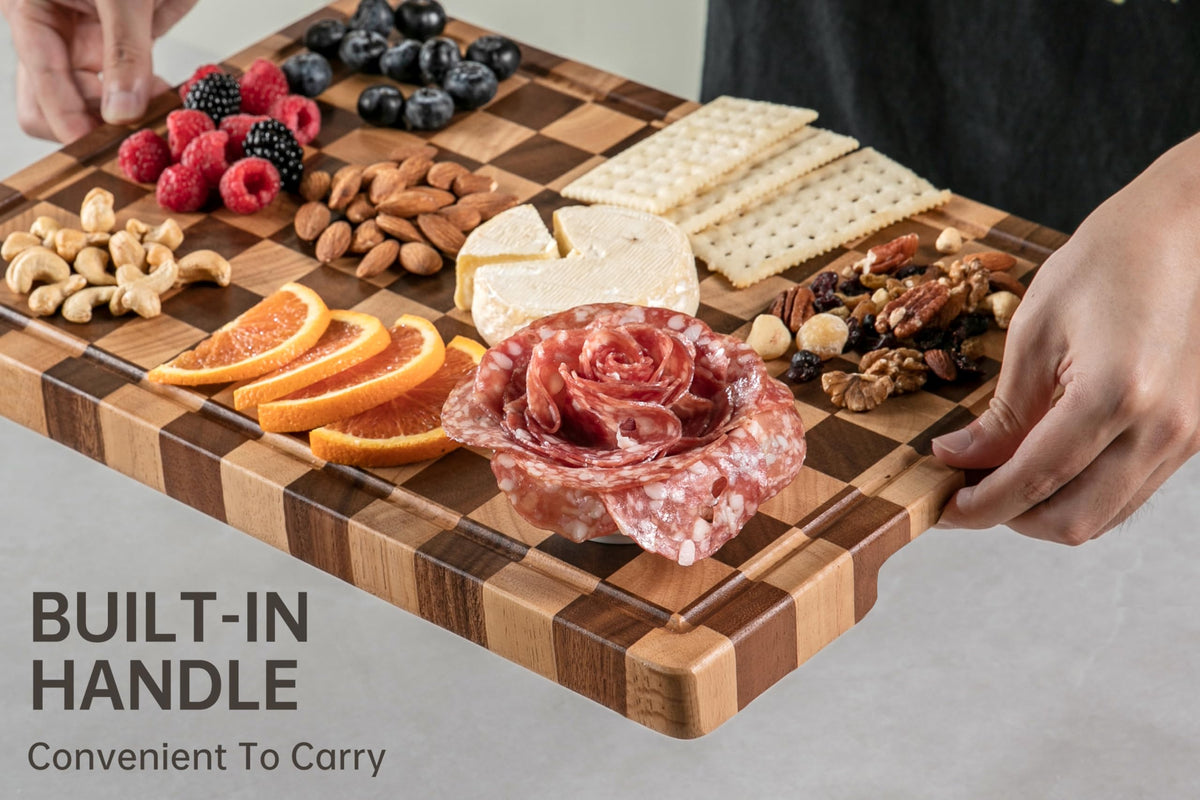 THETCHRY Cutting Boards for Kitchen, Checkered Cutting Board Upgraded, Acacia Wood Chopping Board with Juice Grooves & Handles, Large Butcher Block Serving Tray with Gift Box, 17" x 12" x 0.8"