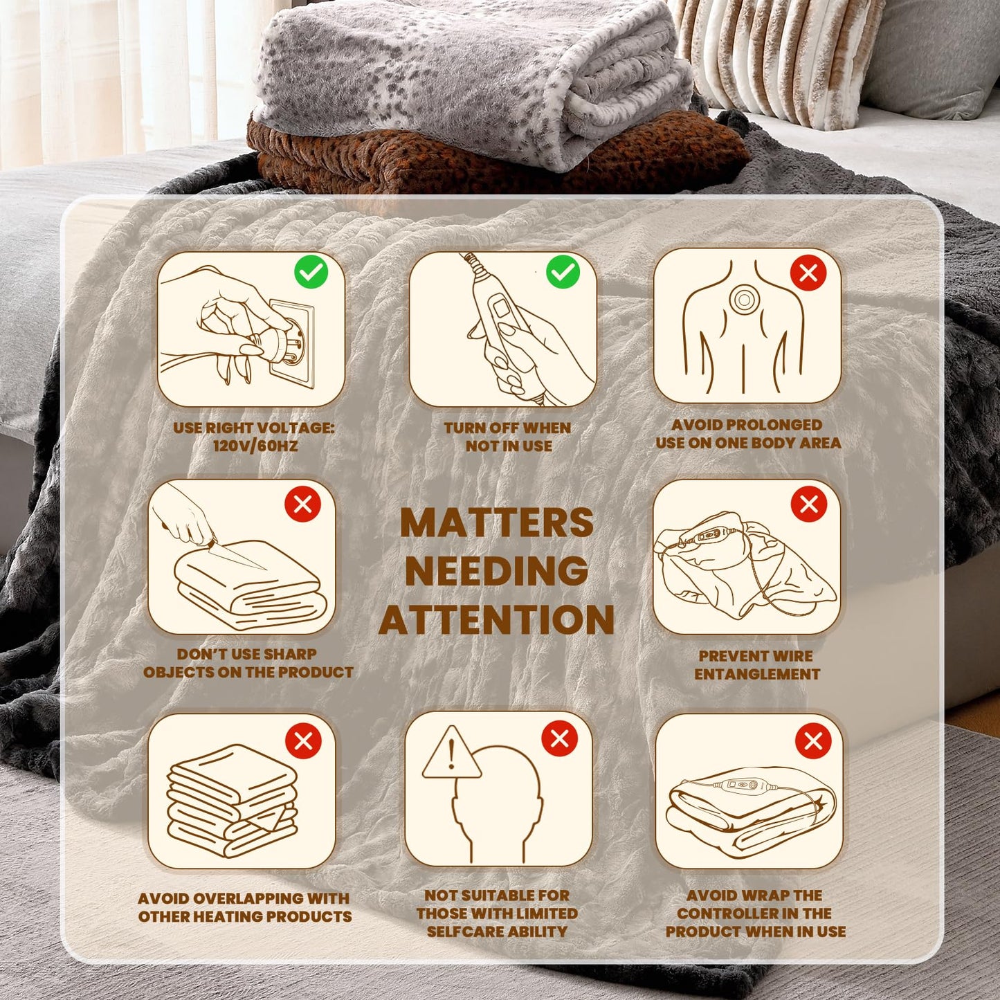Bearhug Electric Heated Throw Blanket 50" x 60", Reversible Faux Fur & Sherpa, 5-Year Warranty, 6 Heating Levels & 4H Auto Off, Over-Heat Protect, ETL Certification