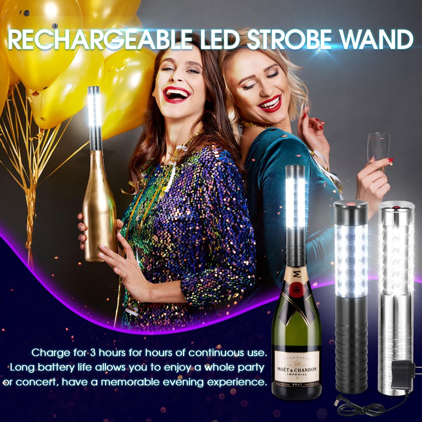 ZSSXOLED 2 PCS LED Strobe Baton Light Rechargeable LED Bottle Service Light Reusable Handheld Champagne Bottle LED Light for Party Nightclub Bar Concert Event Festival Outdoor Activity (Silver&Black)