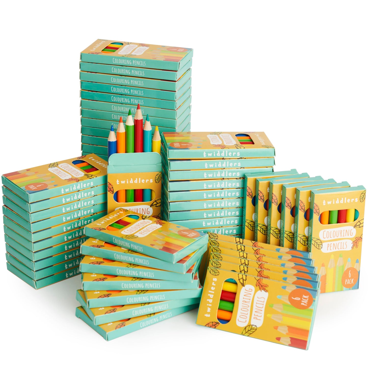 THE TWIDDLERS 60 Boxes of Mini Colouring Pencils - 6 Pencils Per Box, 360 Total - Easy Grip Round Barrel, 9cm Length, Multipack Party Bag Fillers for Kids Birthdays, Classroom Class Gifts